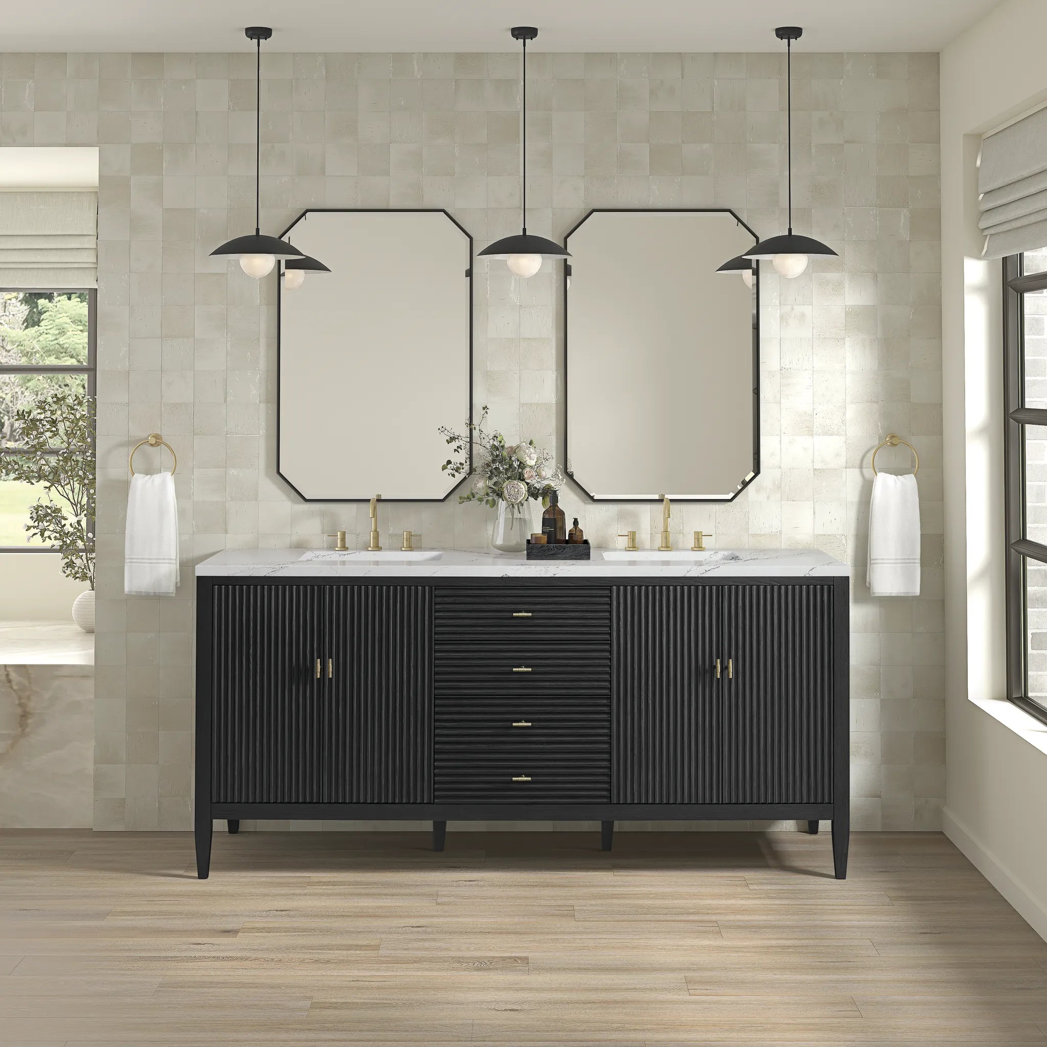 72" Myrrin Vanity in Carbon Oak w/FreePower Wireless Charger-Ethereal Noctis Silestone-8" Widespread image 5