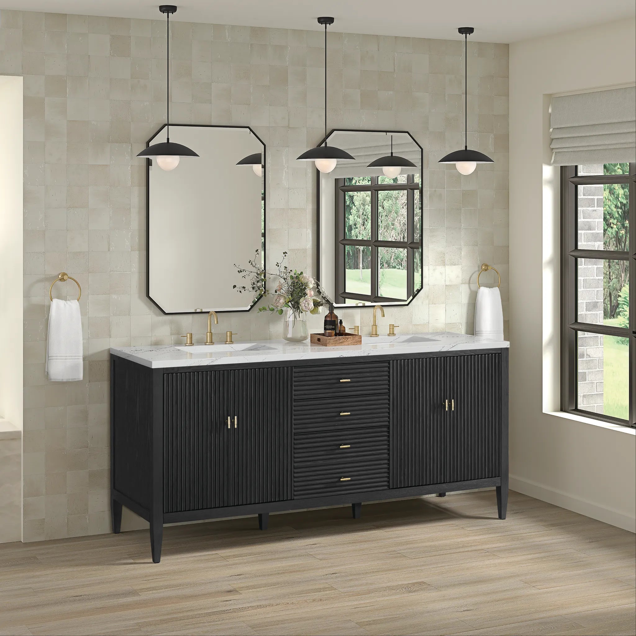 72" Myrrin Vanity in Carbon Oak w/FreePower Wireless Charger-Ethereal Noctis Silestone-8" Widespread image 6