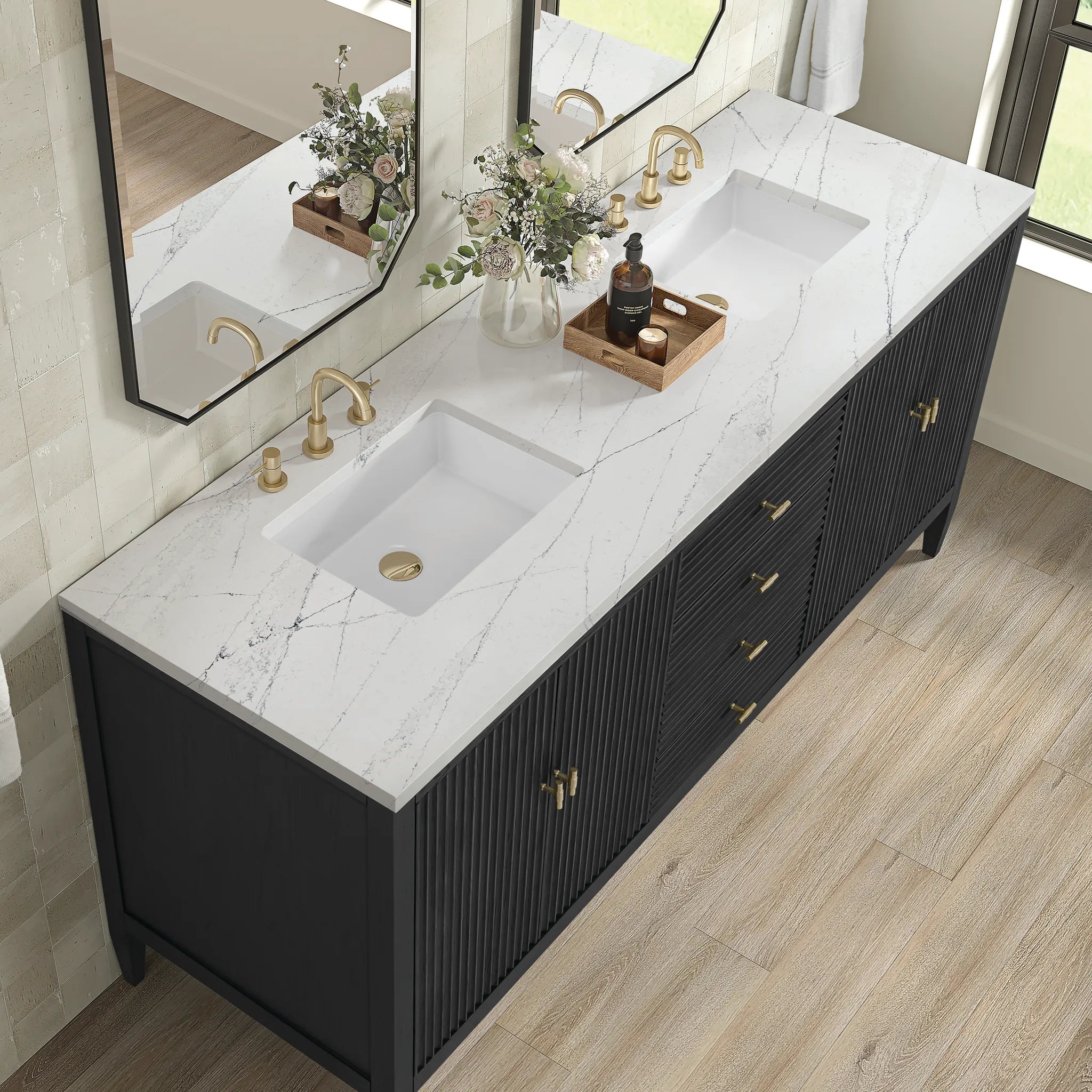 72" Myrrin Vanity in Carbon Oak w/FreePower Wireless Charger-Ethereal Noctis Silestone-8" Widespread image 9