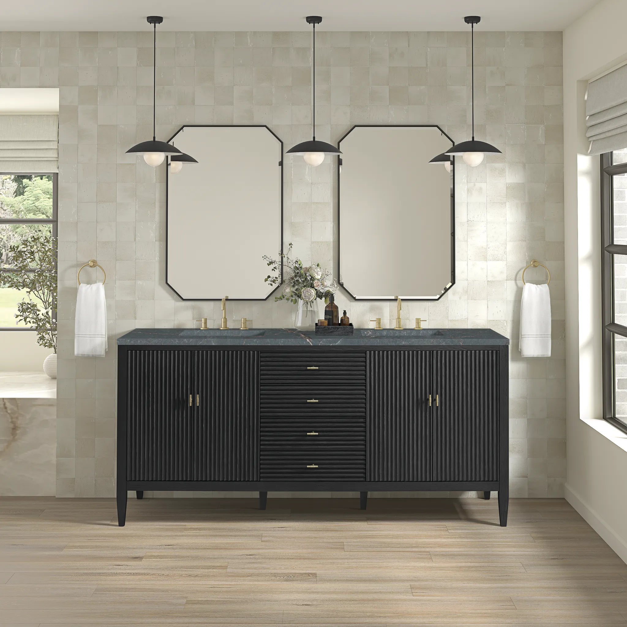 72" Myrrin Vanity in Carbon Oak w/FreePower Wireless Charger-Parisien Bleu Silestone-8" Widespread image 5
