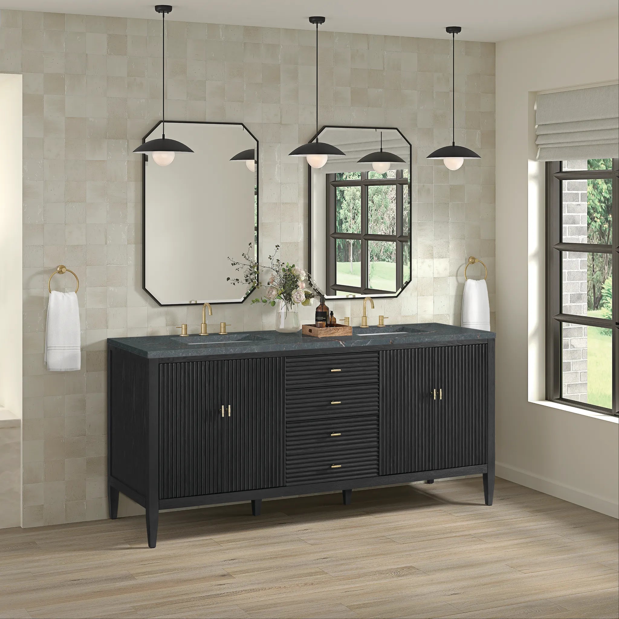 72" Myrrin Vanity in Carbon Oak w/FreePower Wireless Charger-Parisien Bleu Silestone-8" Widespread image 6