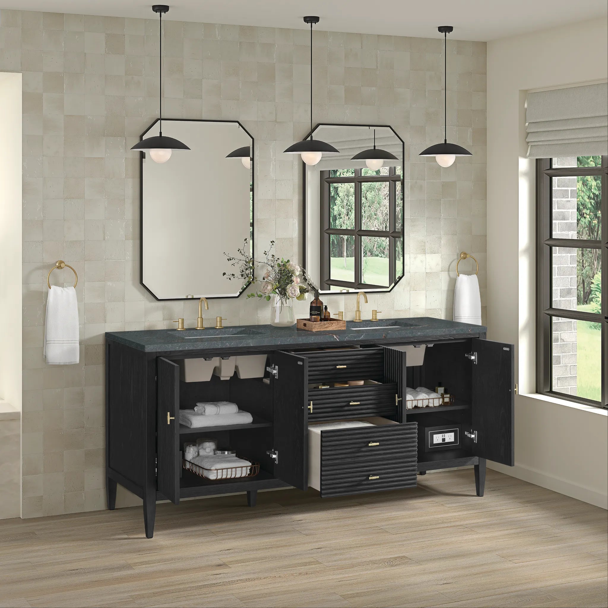 72" Myrrin Vanity in Carbon Oak w/FreePower Wireless Charger-Parisien Bleu Silestone-8" Widespread image 7