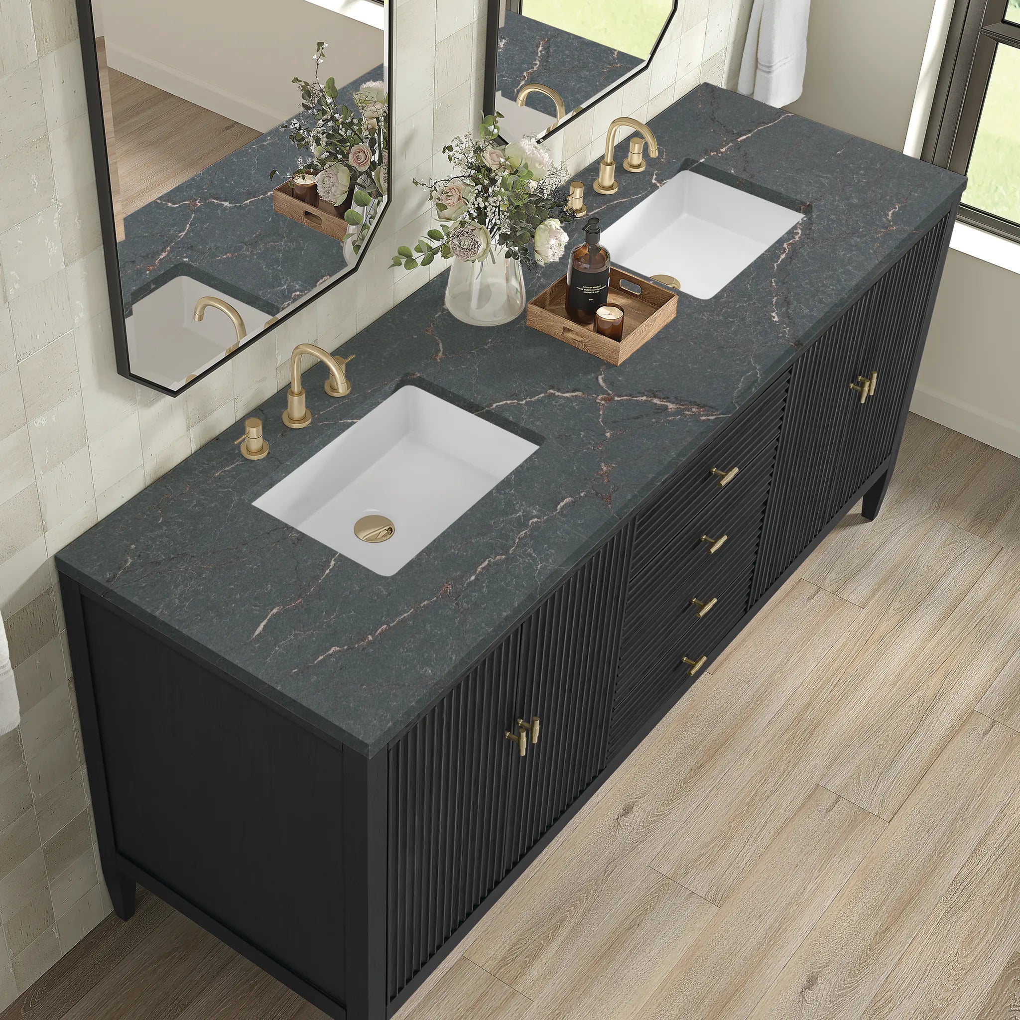 72" Myrrin Vanity in Carbon Oak w/FreePower Wireless Charger-Parisien Bleu Silestone-8" Widespread image 9