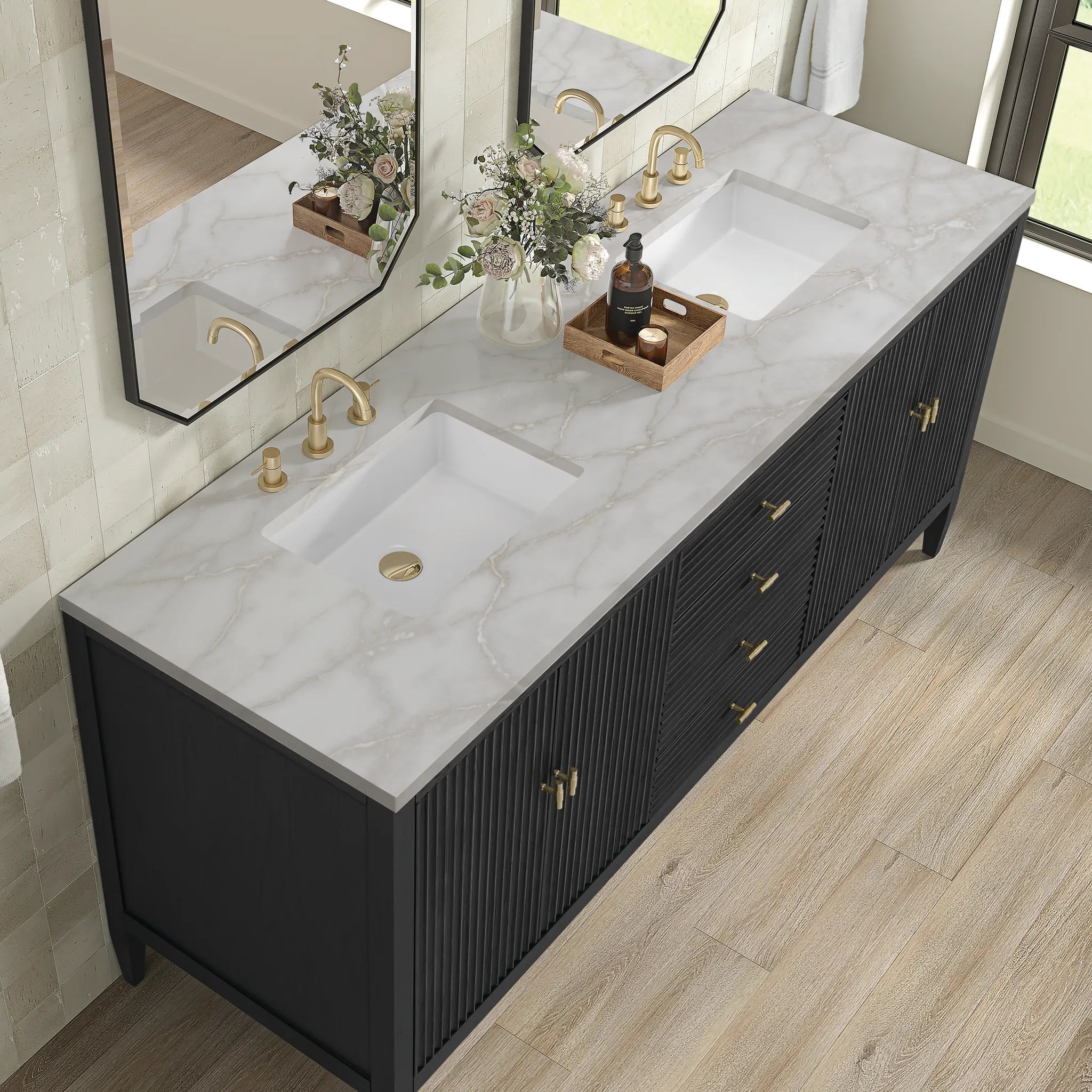 72" Myrrin Vanity in Carbon Oak w/FreePower Wireless Charger-Victorian Silver Silestone-8" Widespread image 9
