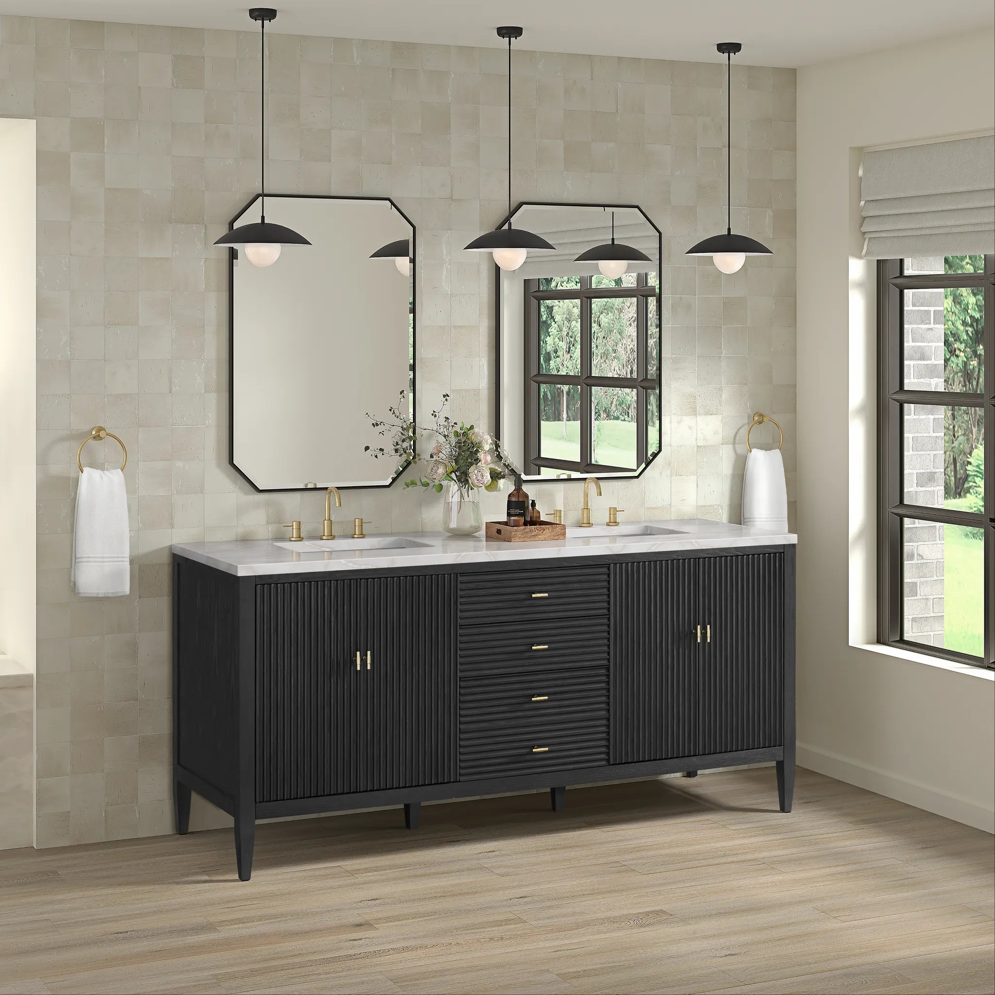 72" Myrrin Vanity in Carbon Oak-White Zeus Silestone-8" Widespread image 3