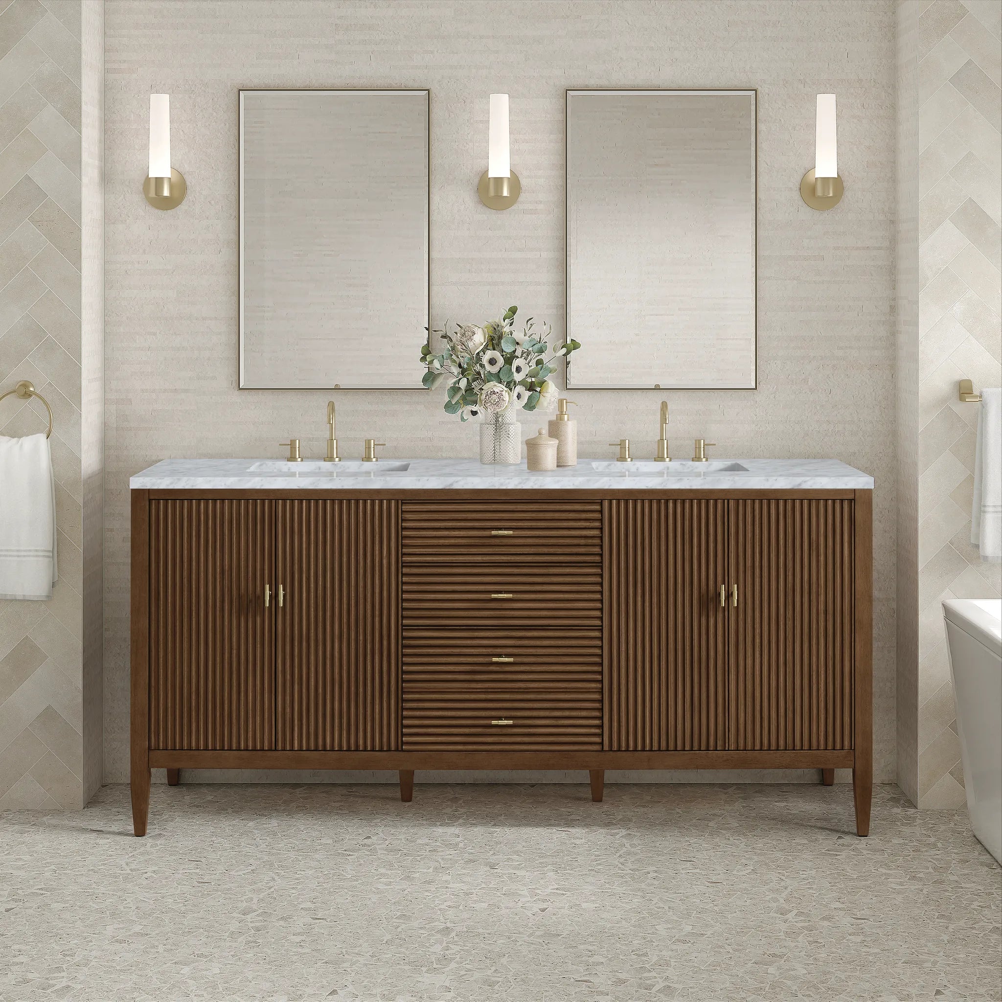 72" Myrrin Vanity in Mid Century Walnut-Carrara White Marble-8" Widespread image 2