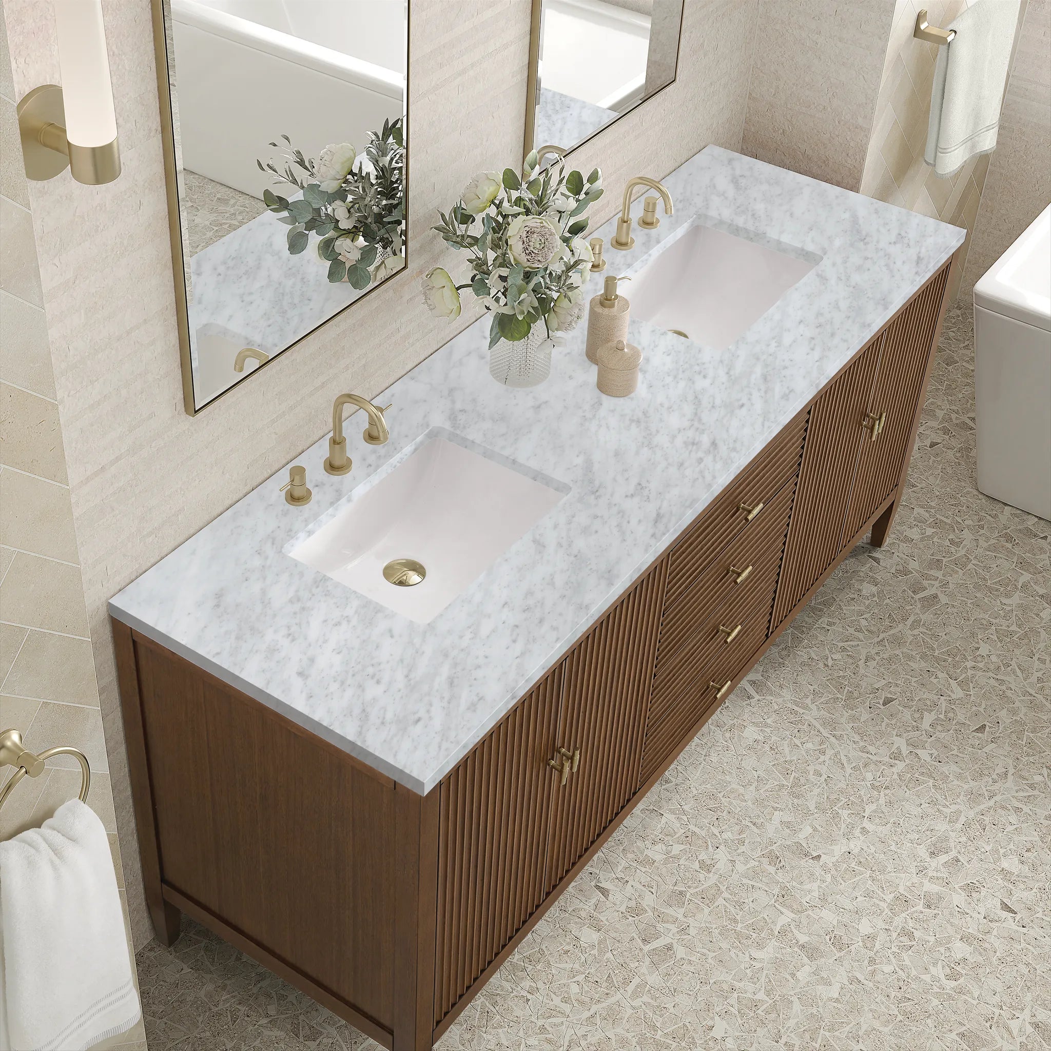 72" Myrrin Vanity in Mid Century Walnut-Carrara White Marble-8" Widespread image 6