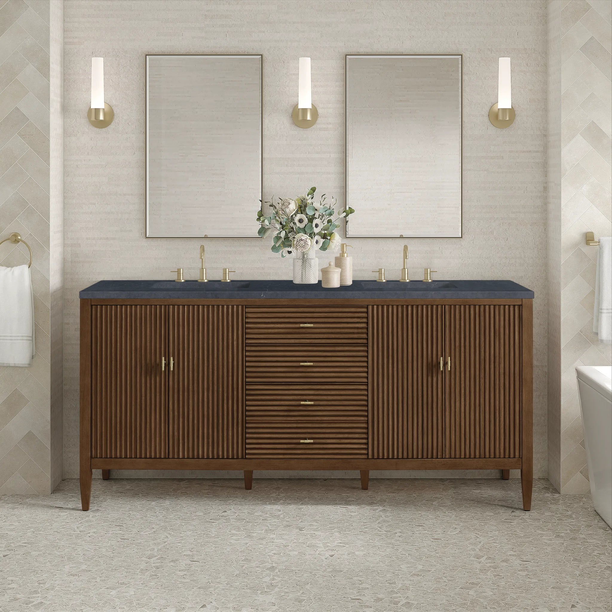 72" Myrrin Vanity in Mid Century Walnut-Charcoal Soapstone Silestone-8" Widespread image 2