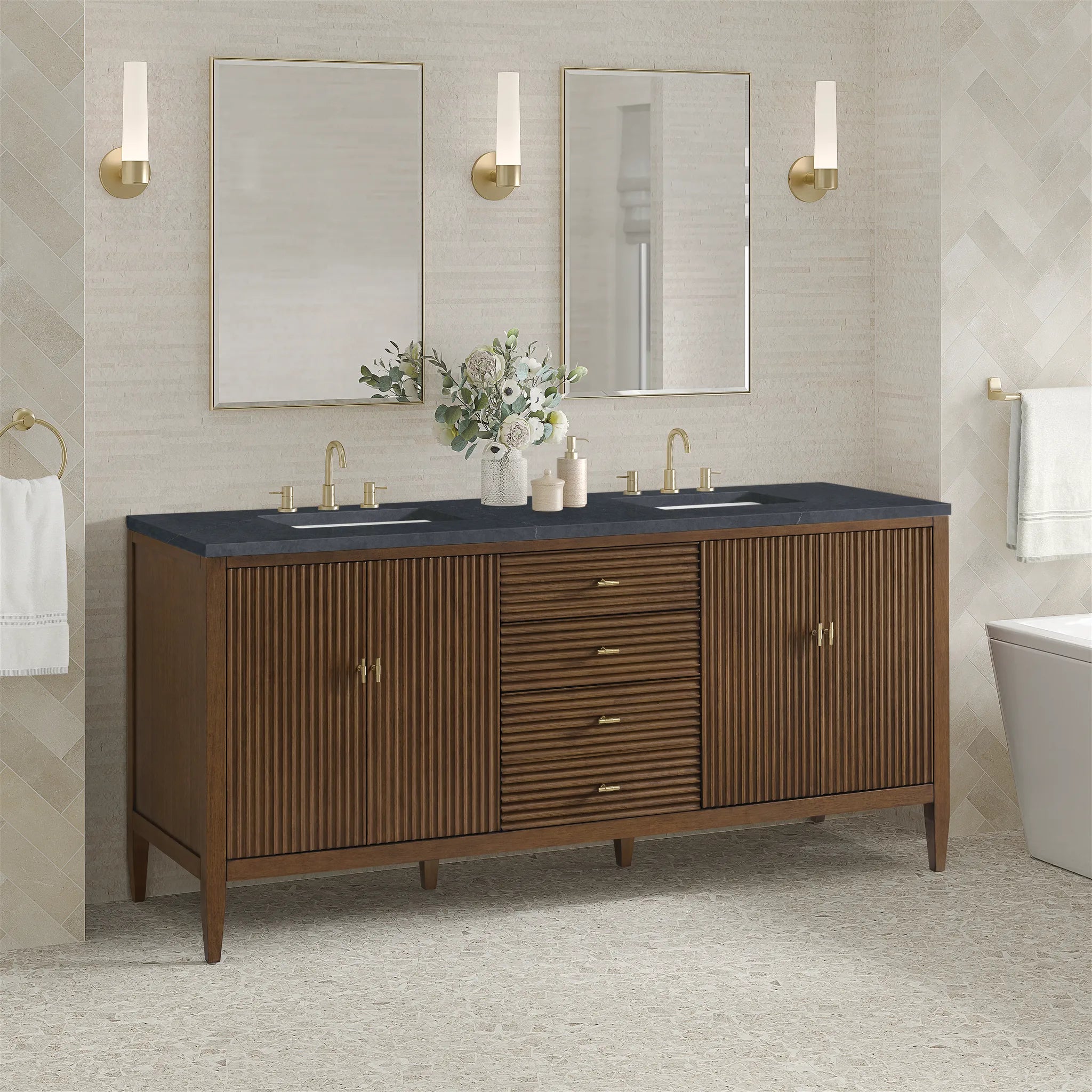 72" Myrrin Vanity in Mid Century Walnut-Charcoal Soapstone Silestone-8" Widespread image 3
