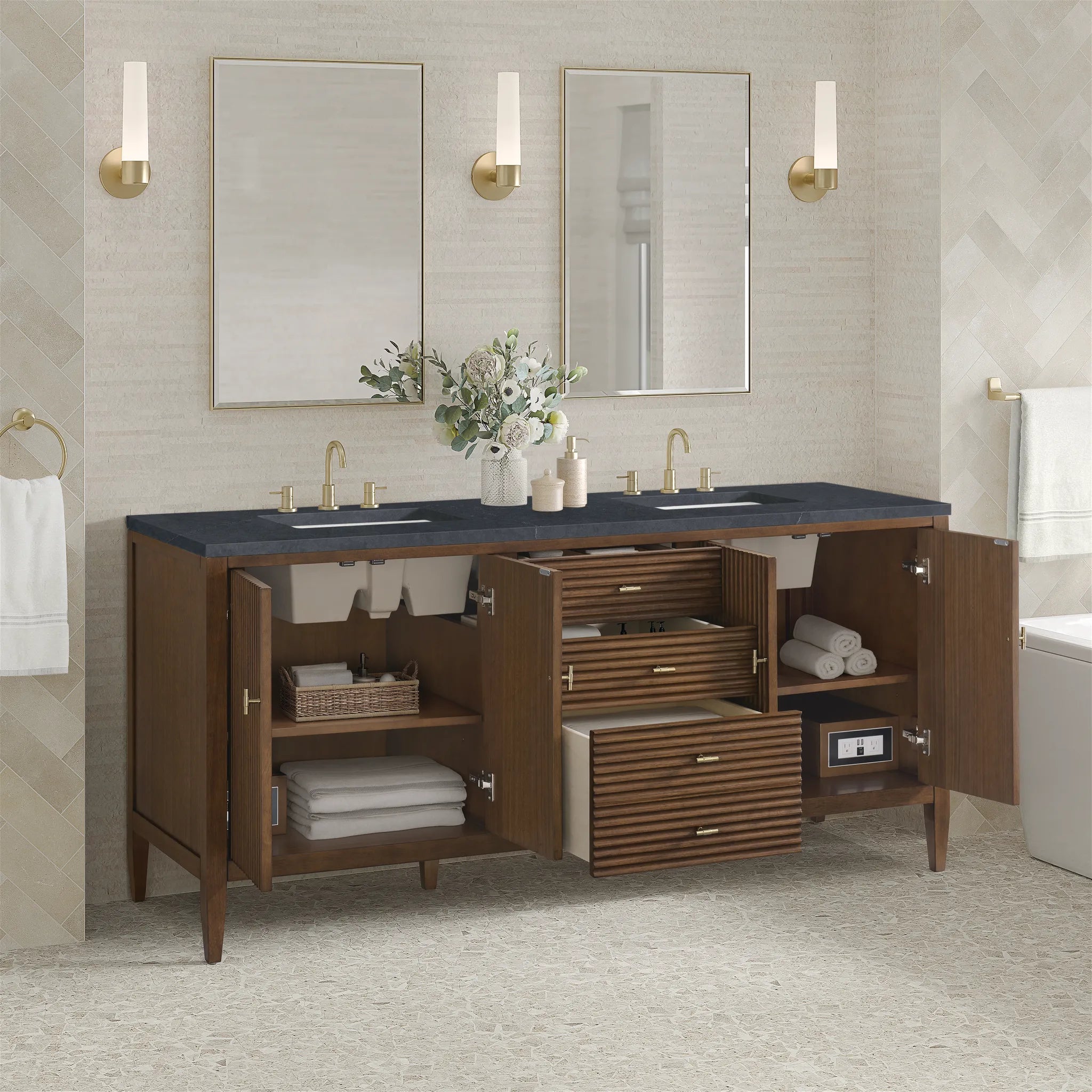 72" Myrrin Vanity in Mid Century Walnut-Charcoal Soapstone Silestone-8" Widespread image 4