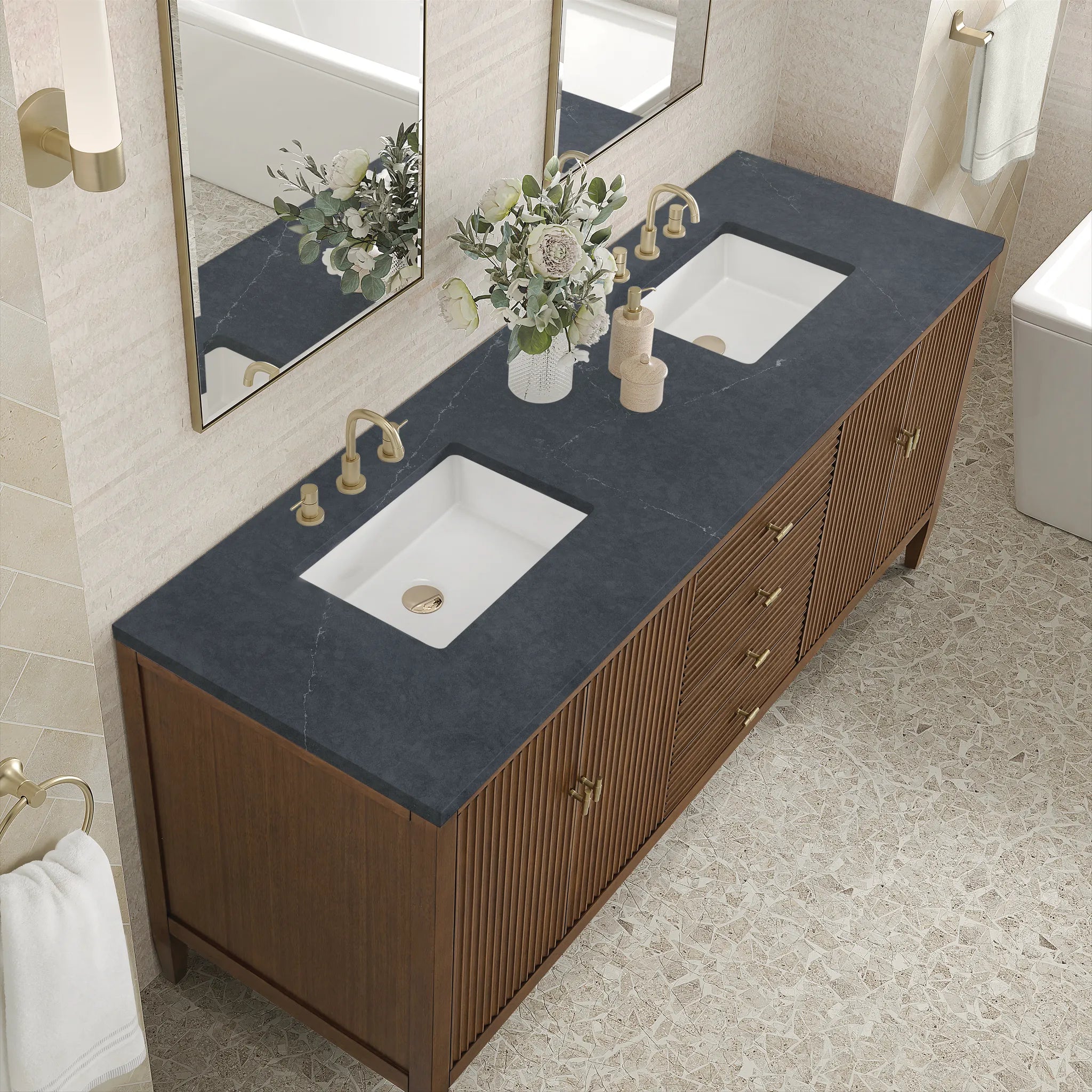 72" Myrrin Vanity in Mid Century Walnut-Charcoal Soapstone Silestone-8" Widespread image 6