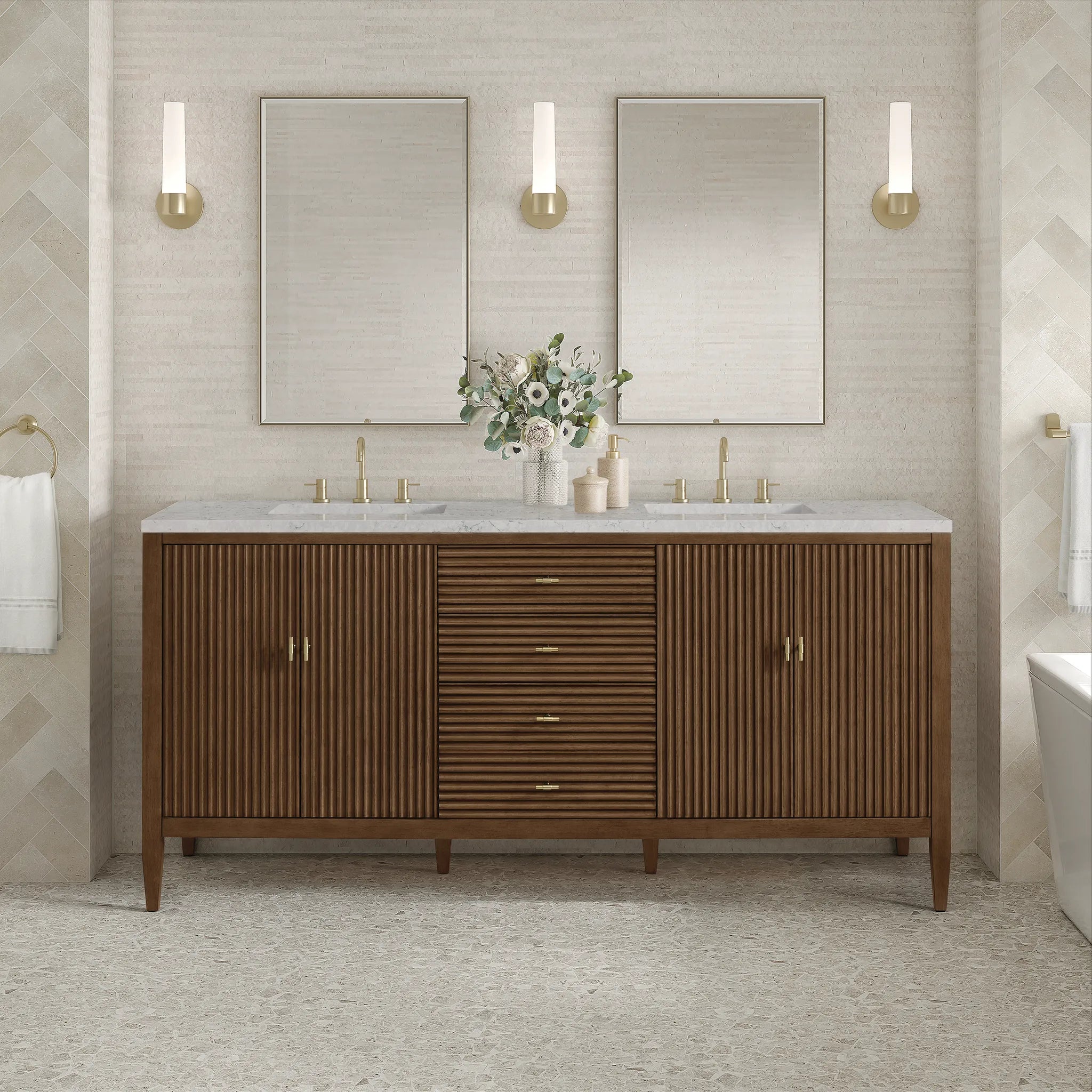 72" Myrrin Vanity in Mid Century Walnut-Eternal Jasmine Pearl Silestone-8" Widespread image 2