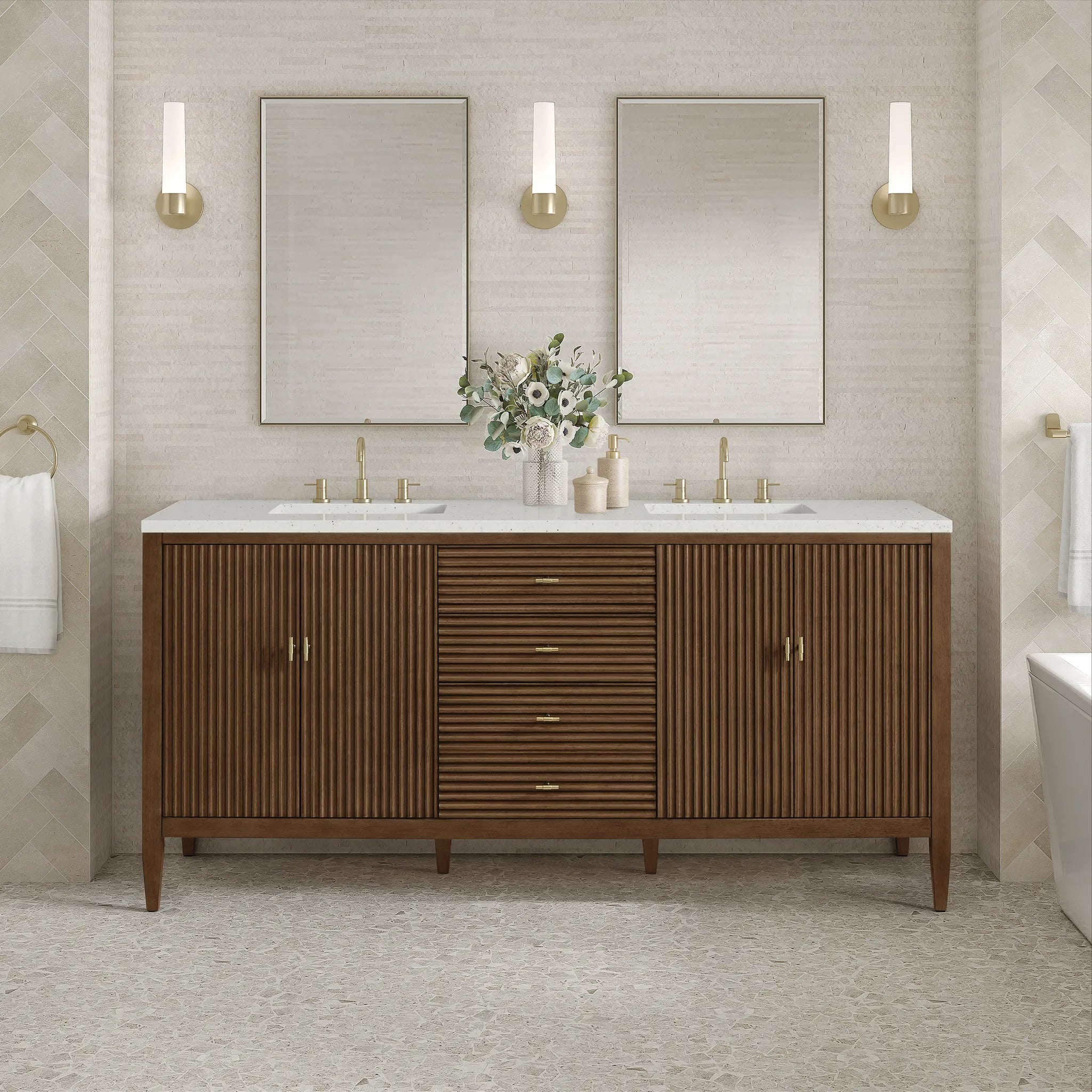72" Myrrin Vanity in Mid Century Walnut-Lime Delight Silestone-8" Widespread image 2
