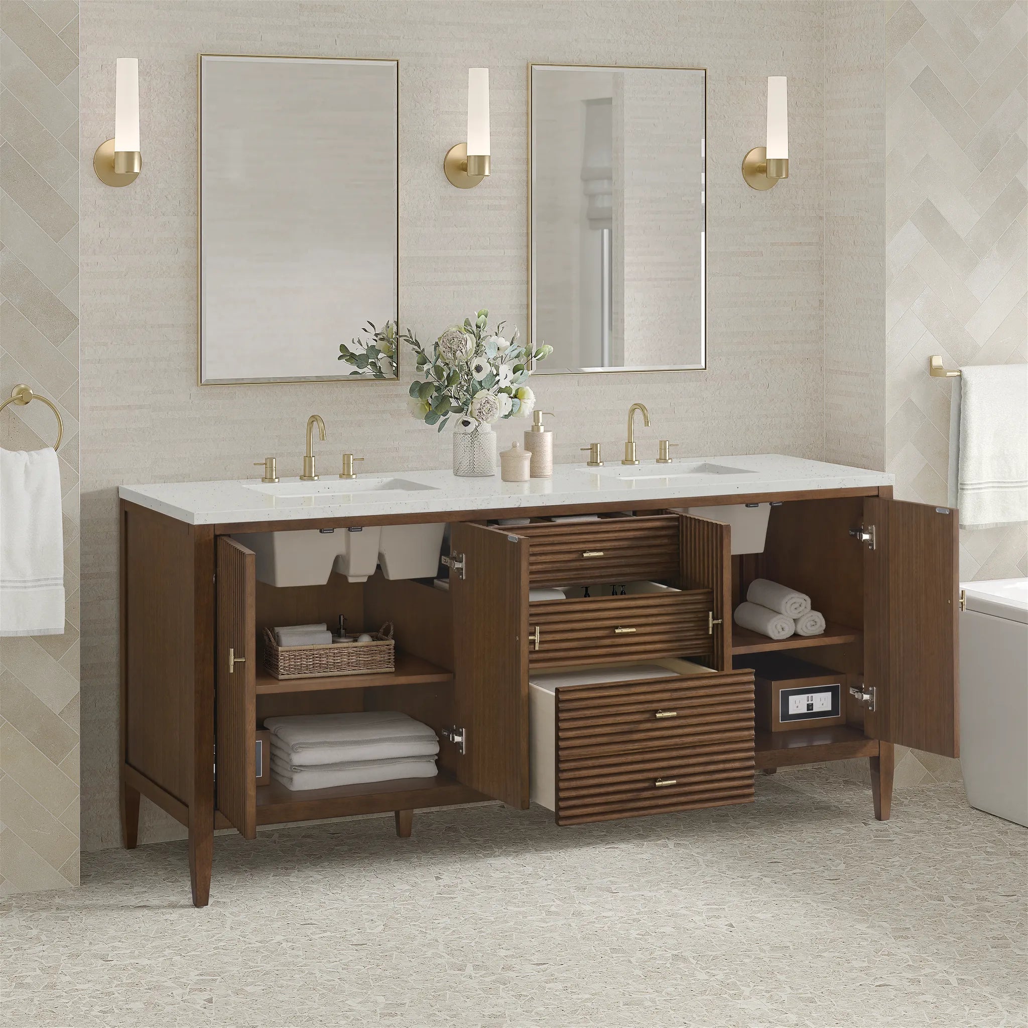 72" Myrrin Vanity in Mid Century Walnut-Lime Delight Silestone-8" Widespread image 4