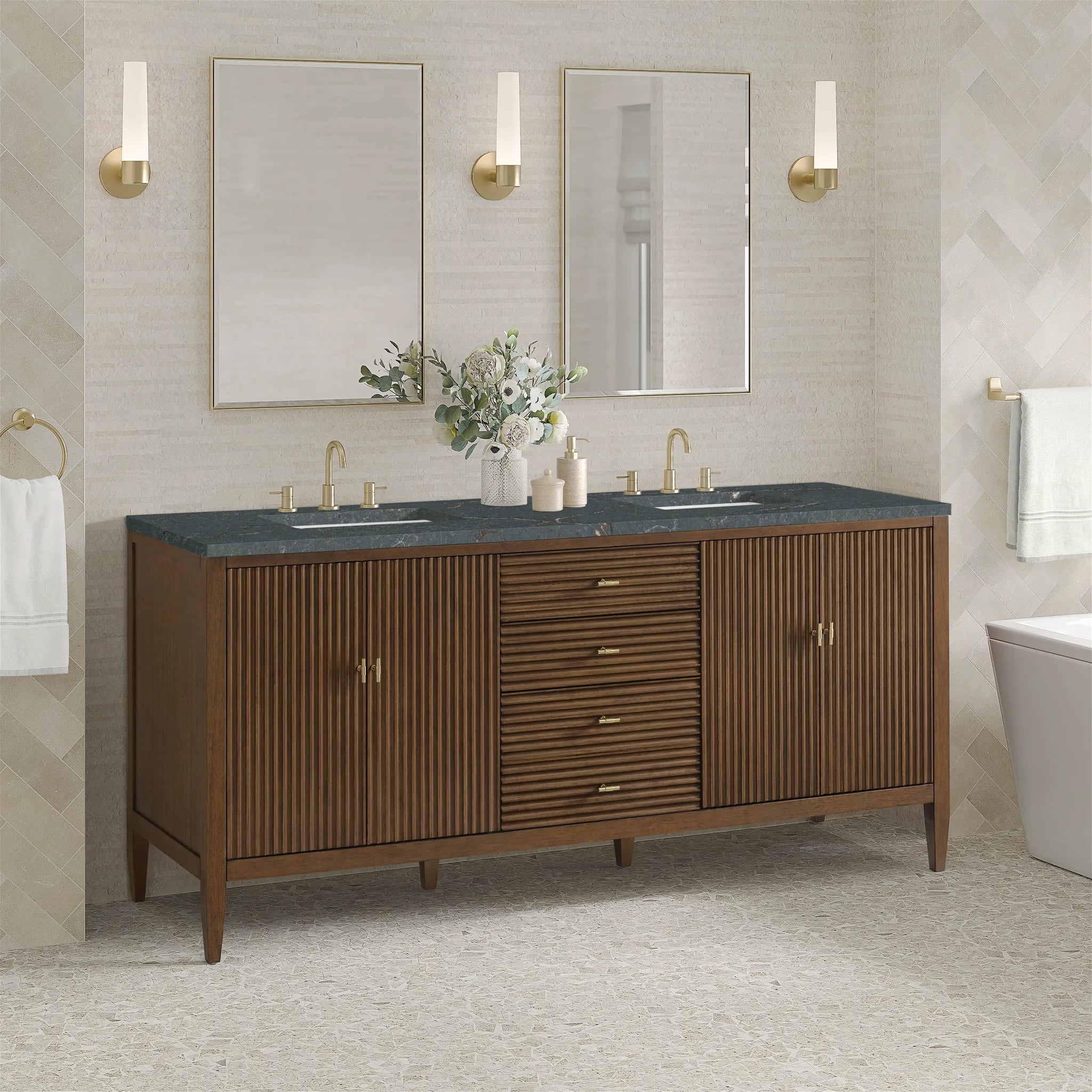 72" Myrrin Vanity in Mid Century Walnut-Parisien Bleu Silestone-8" Widespread image 3
