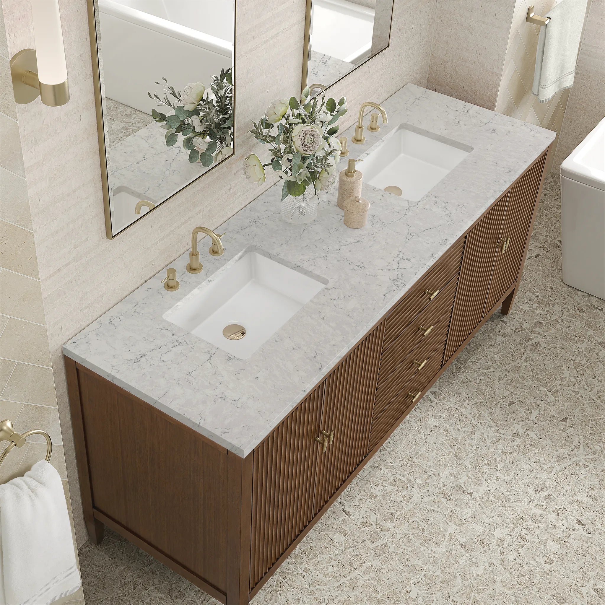 72" Myrrin Vanity in Mid Century Walnut w/FreePower Wireless Charger-Eternal Jasmine Pearl Silestone-8" Widespread image 9