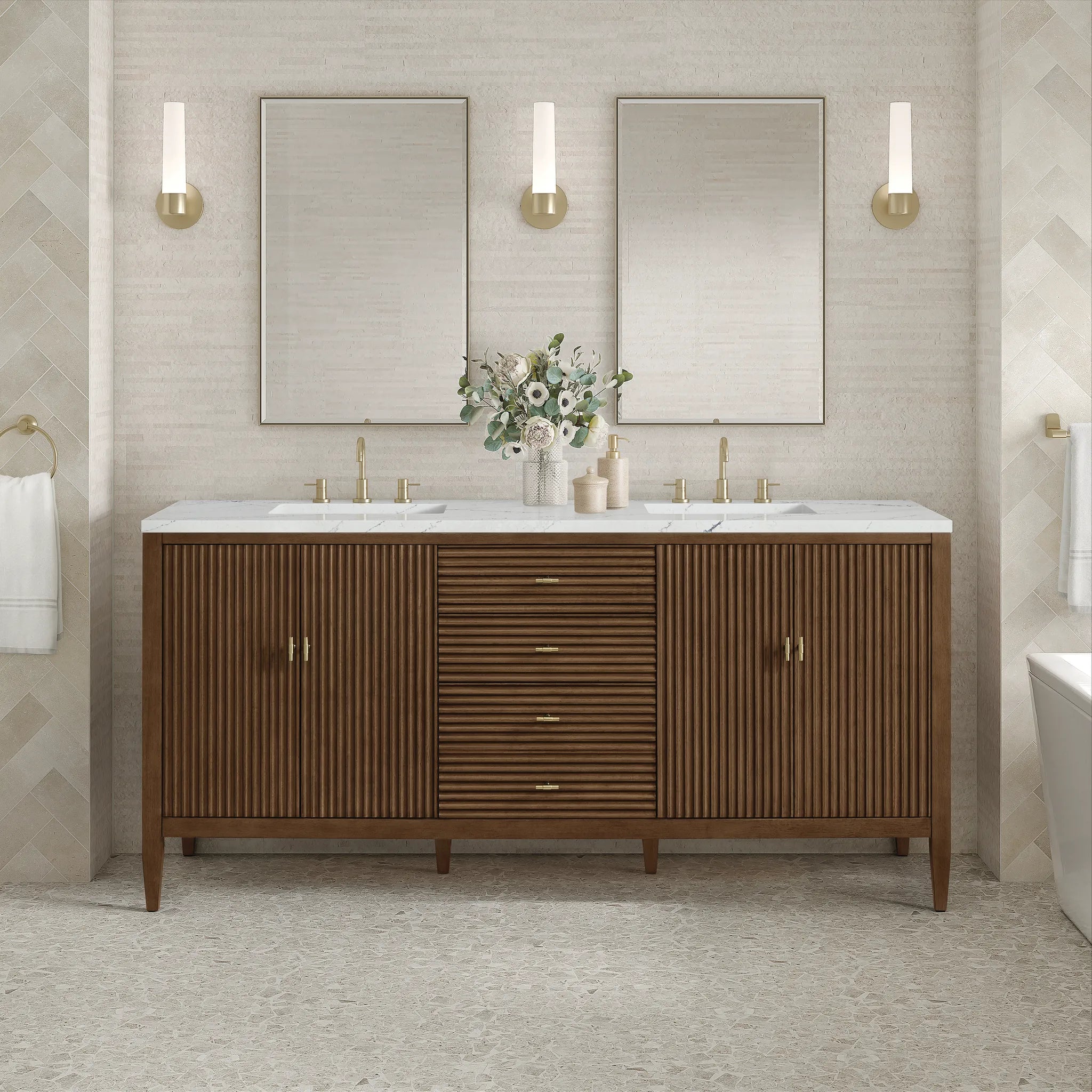 72" Myrrin Vanity in Mid Century Walnut w/FreePower Wireless Charger-Ethereal Noctis Silestone-8" Widespread image 5