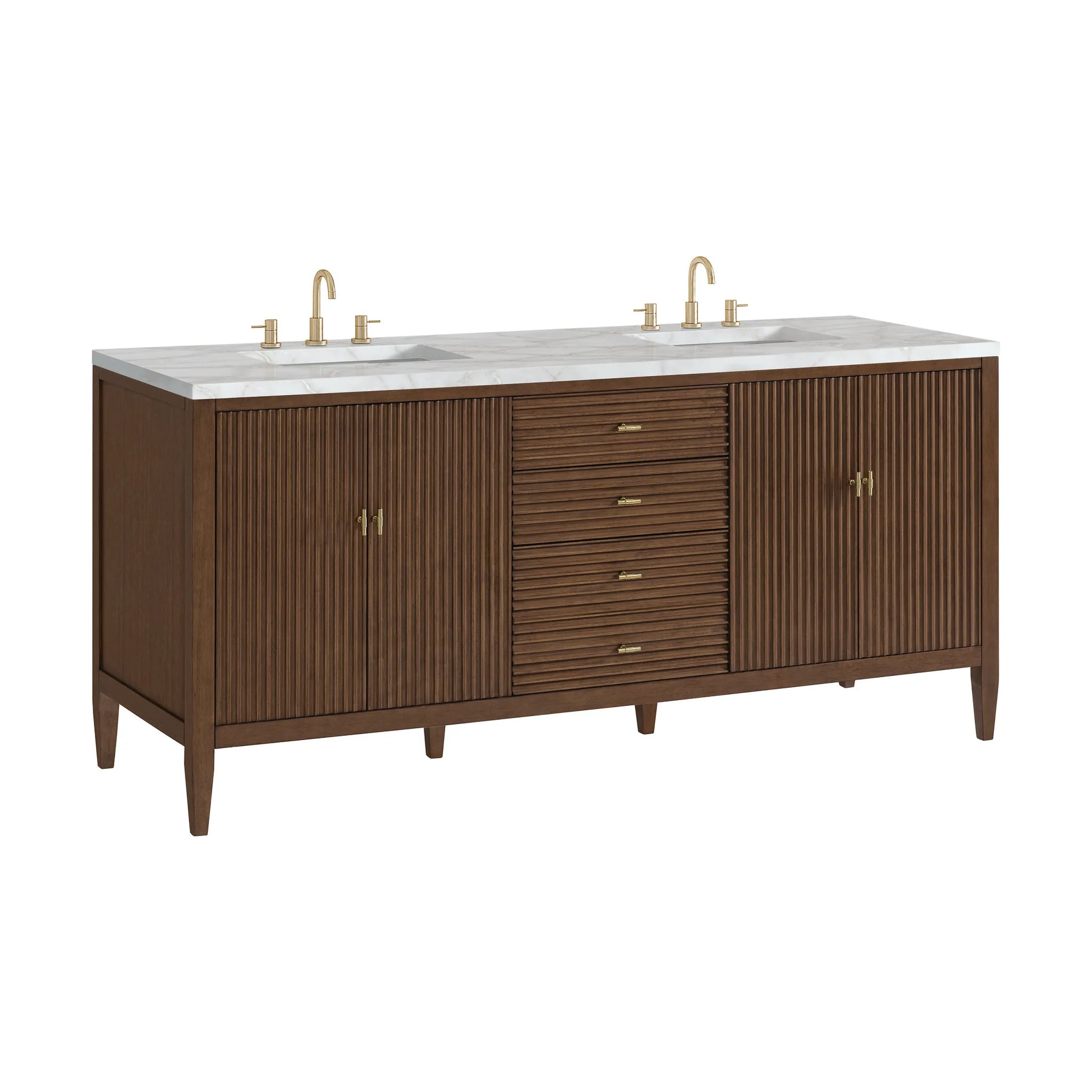 72" Myrrin Vanity in Mid Century Walnut w/FreePower Wireless Charger-Victorian Silver Silestone-8" Widespread image 12