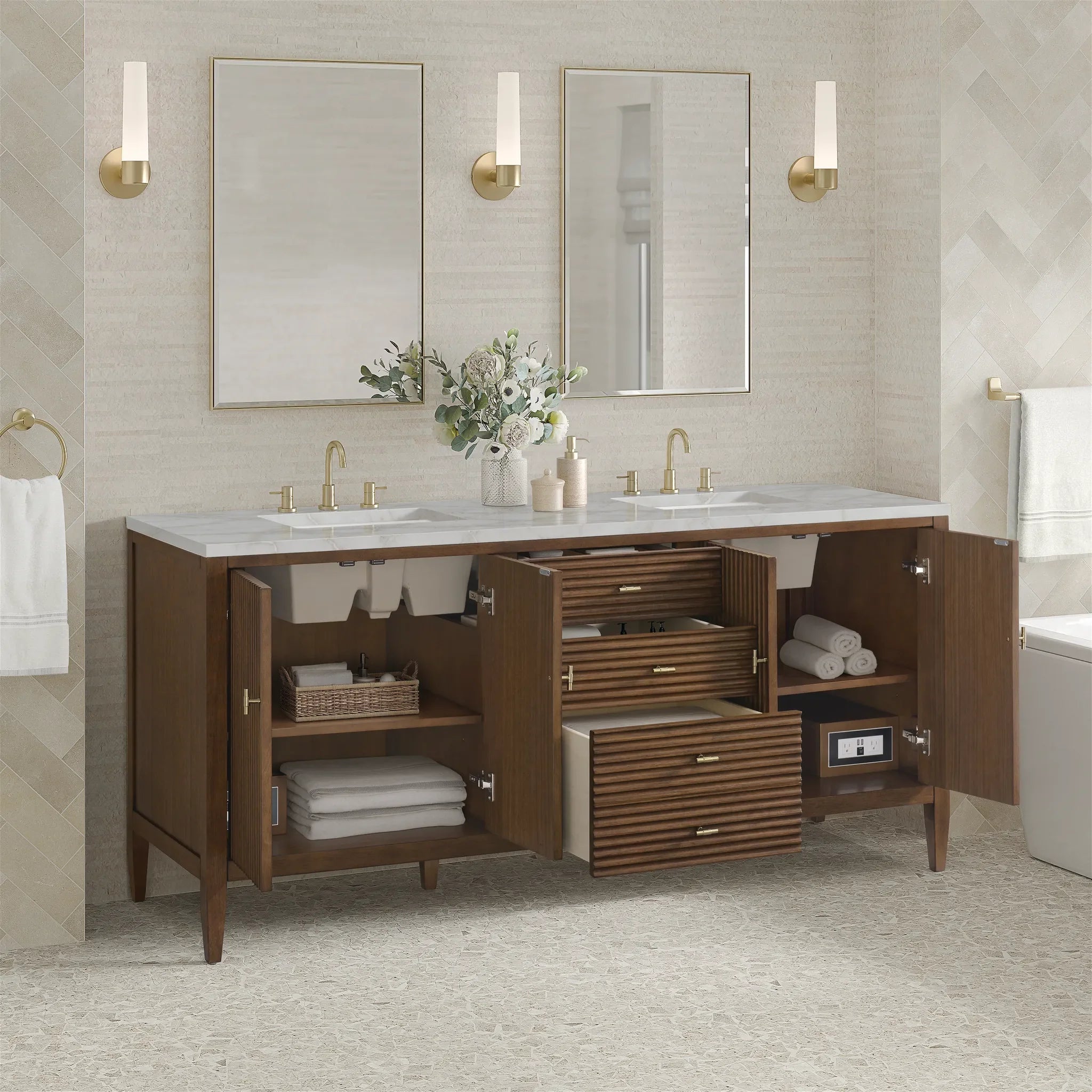 72" Myrrin Vanity in Mid Century Walnut w/FreePower Wireless Charger-Victorian Silver Silestone-8" Widespread image 7