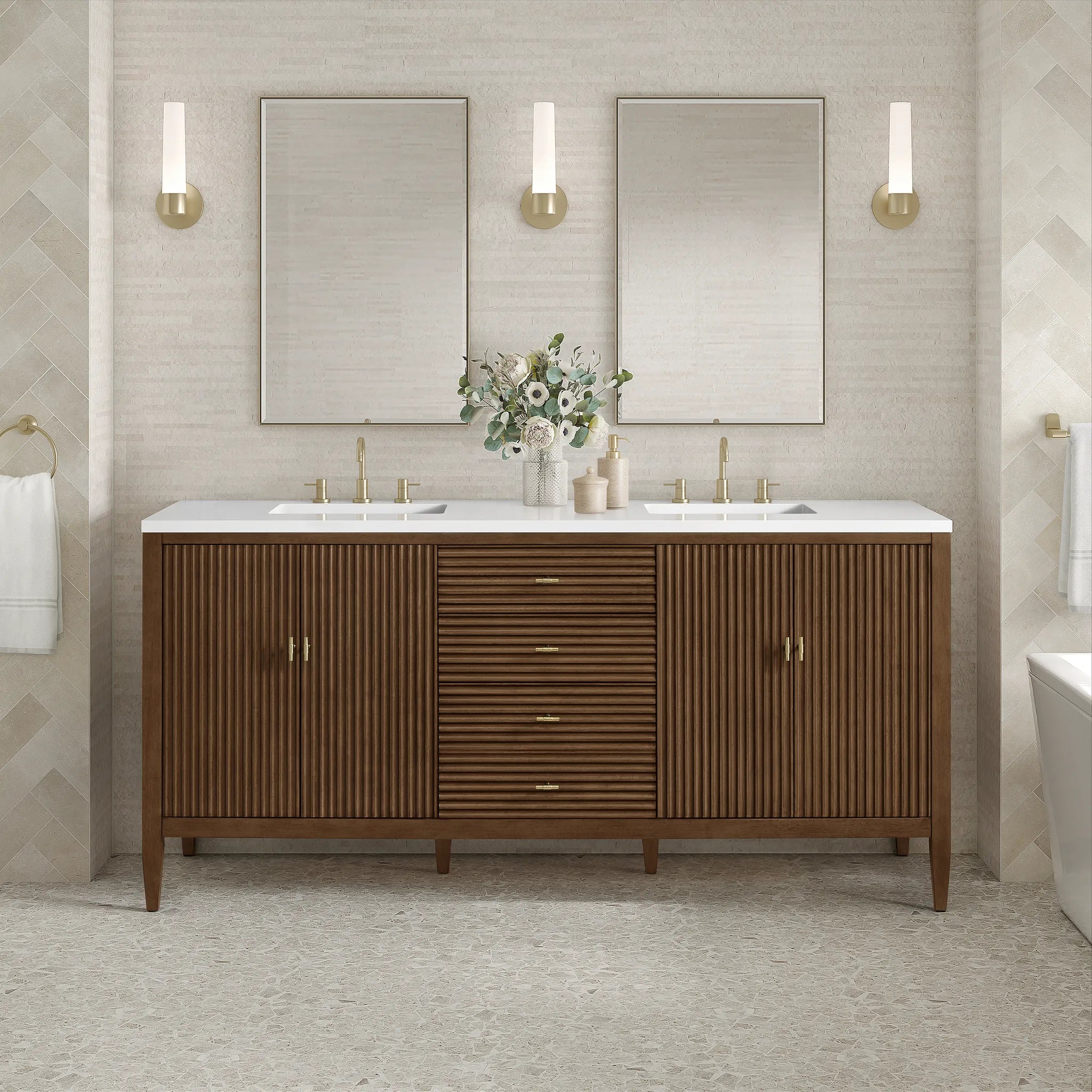 72" Myrrin Vanity in Mid Century Walnut-White Zeus Silestone-8" Widespread image 2