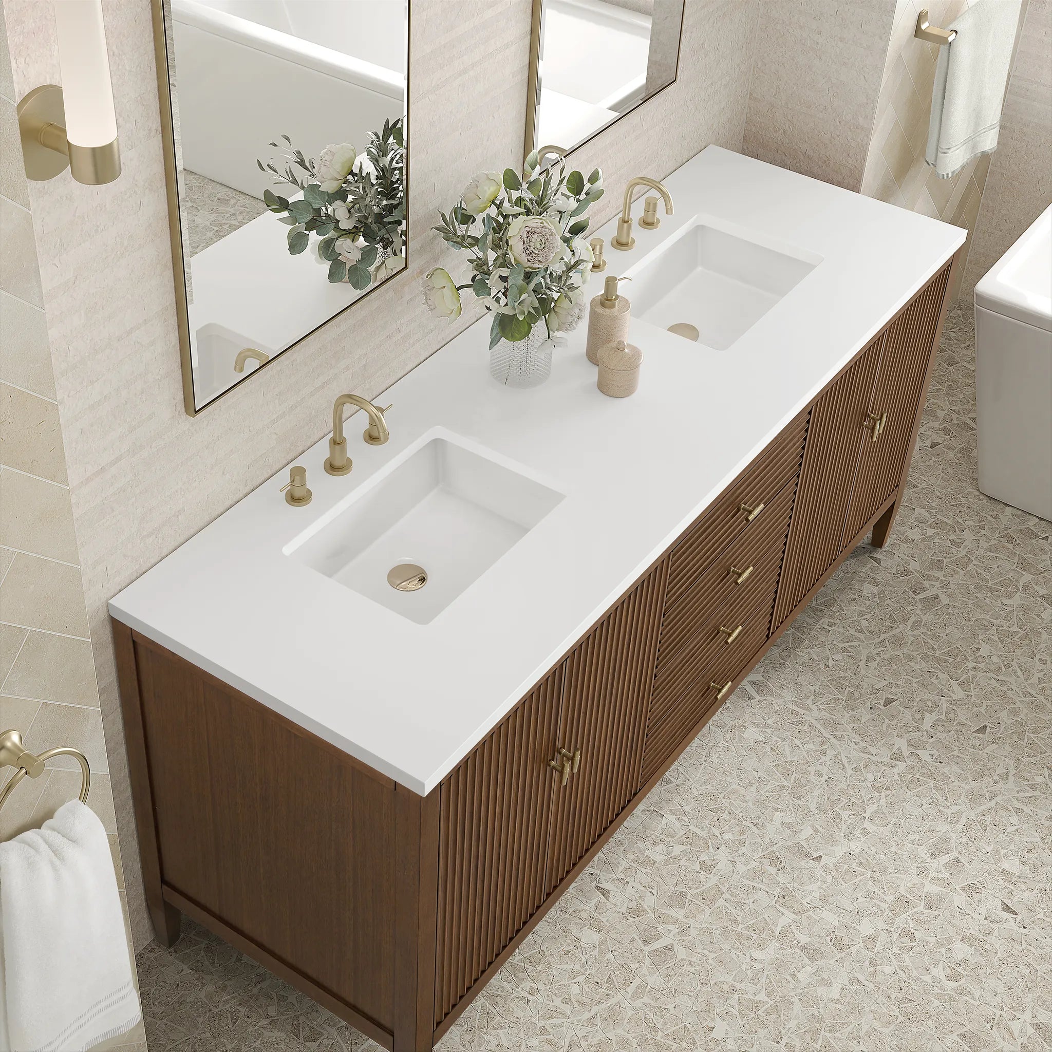 72" Myrrin Vanity in Mid Century Walnut-White Zeus Silestone-8" Widespread image 6