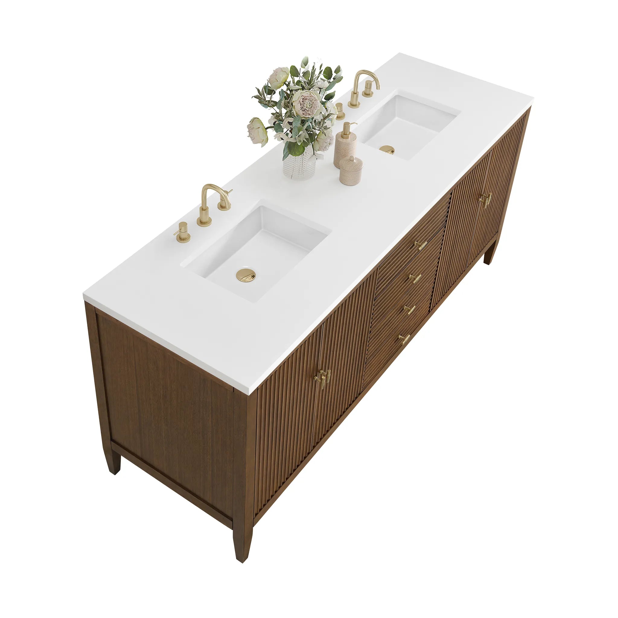 72" Myrrin Vanity in Mid Century Walnut-White Zeus Silestone-8" Widespread image 7