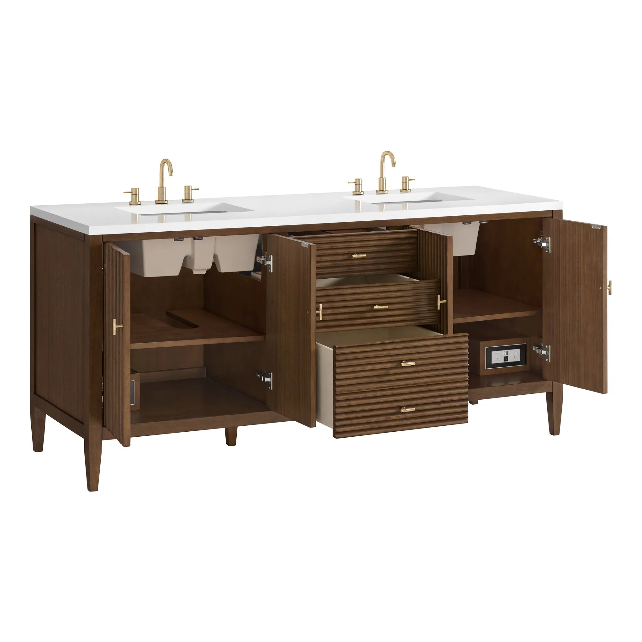 72" Myrrin Vanity in Mid Century Walnut-White Zeus Silestone-8" Widespread image 9