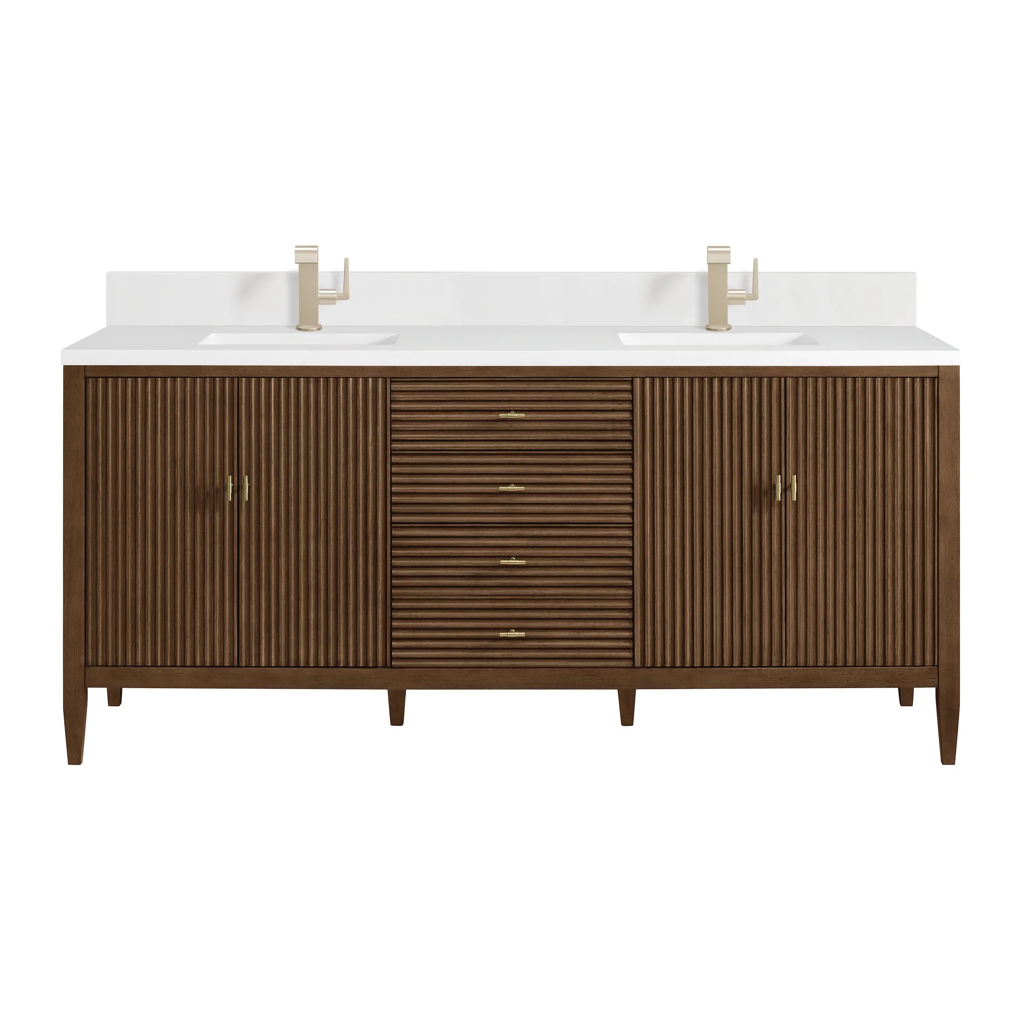 72" Myrrin Vanity in Mid Century Walnut-White Zeus Silestone & Backsplash-Single Hole image