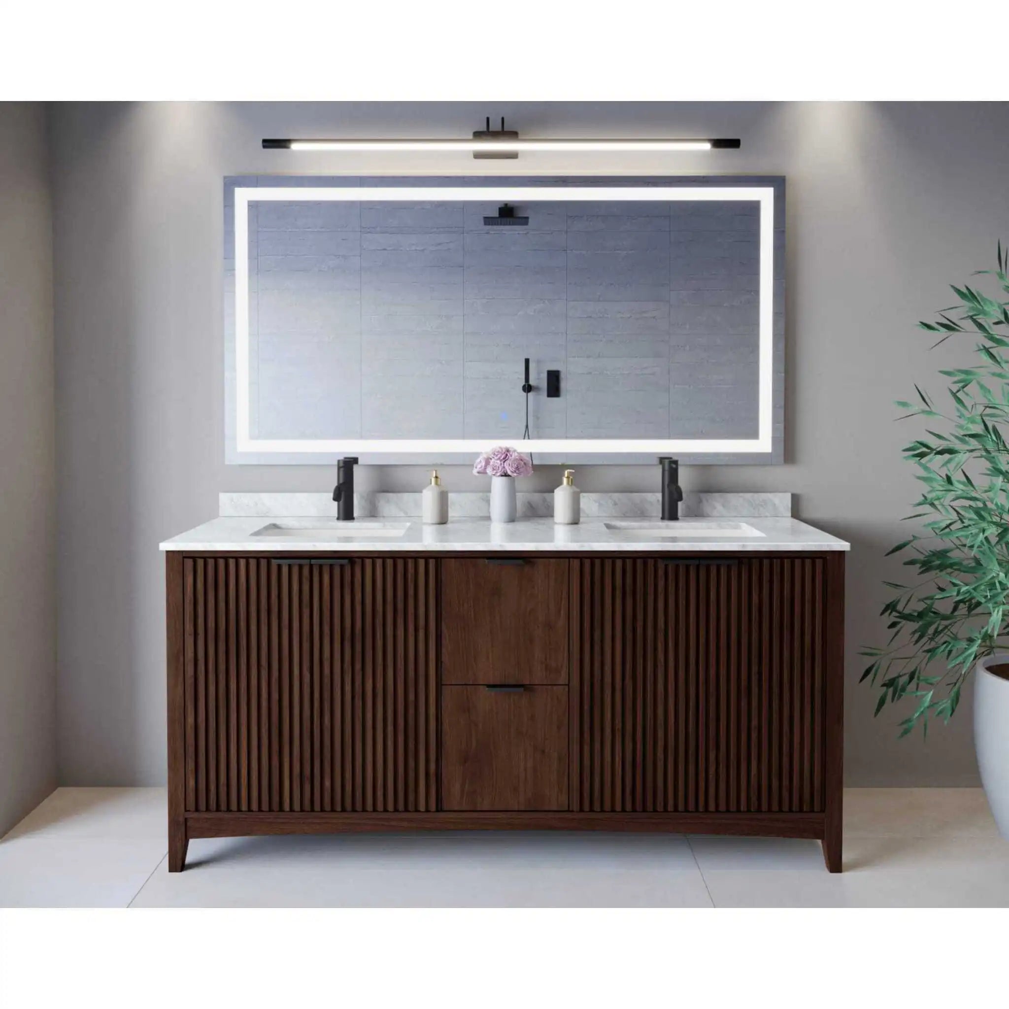 72" Palmilla Double Bathroom Vanity in Dark Walnut with Matte Black Trim by Wyndham
