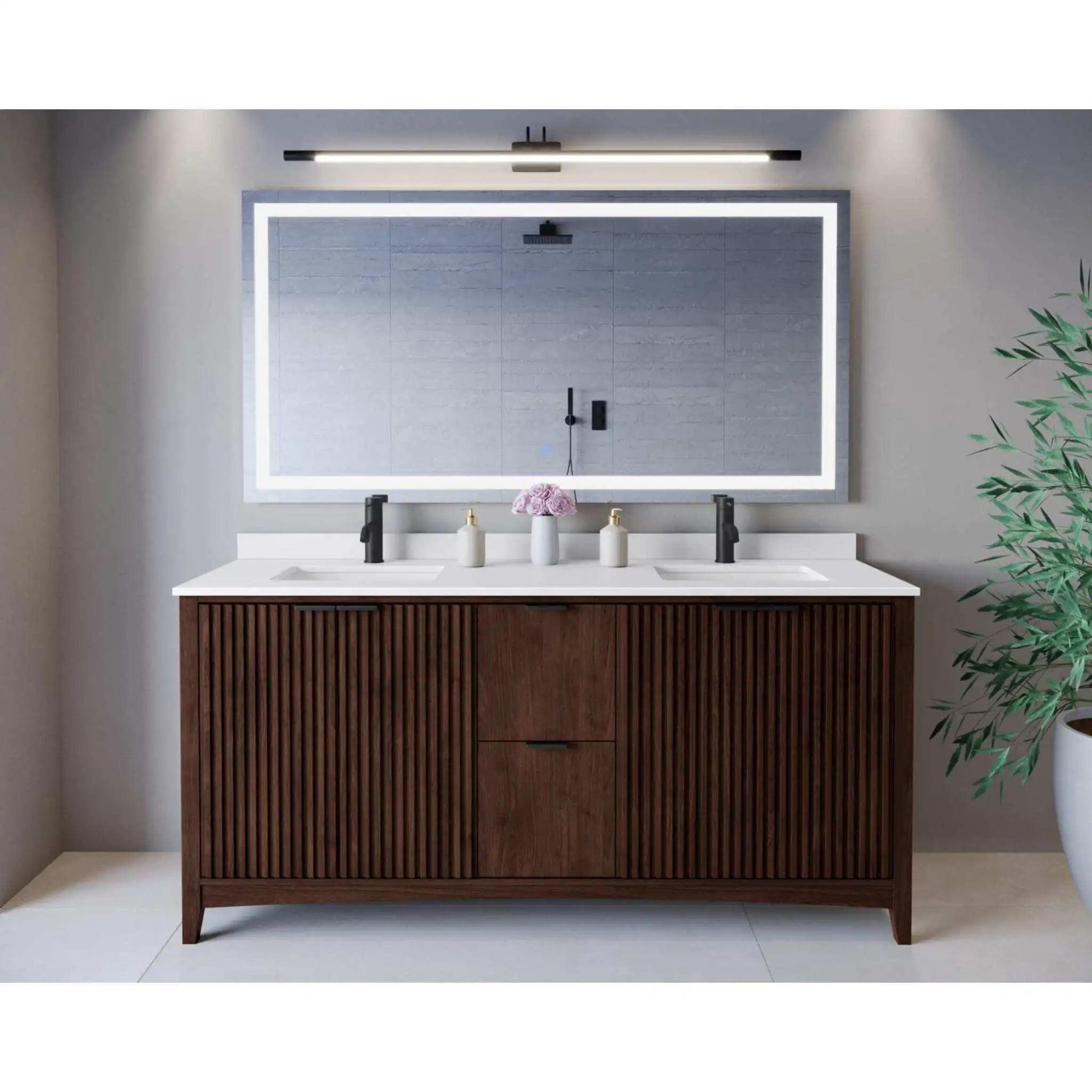 72" Palmilla Double Bathroom Vanity in Dark Walnut with Matte Black Trim by Wyndham