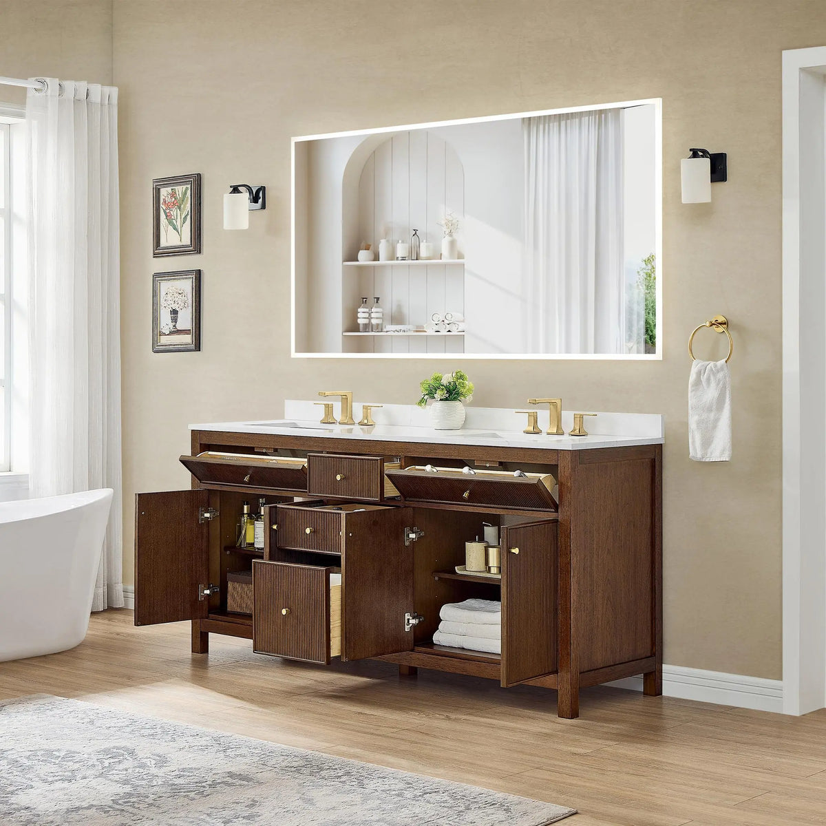 72" Pendry Double Bathroom Vanity Dark Walnut Brushed Gold Trim by wyndham View 20