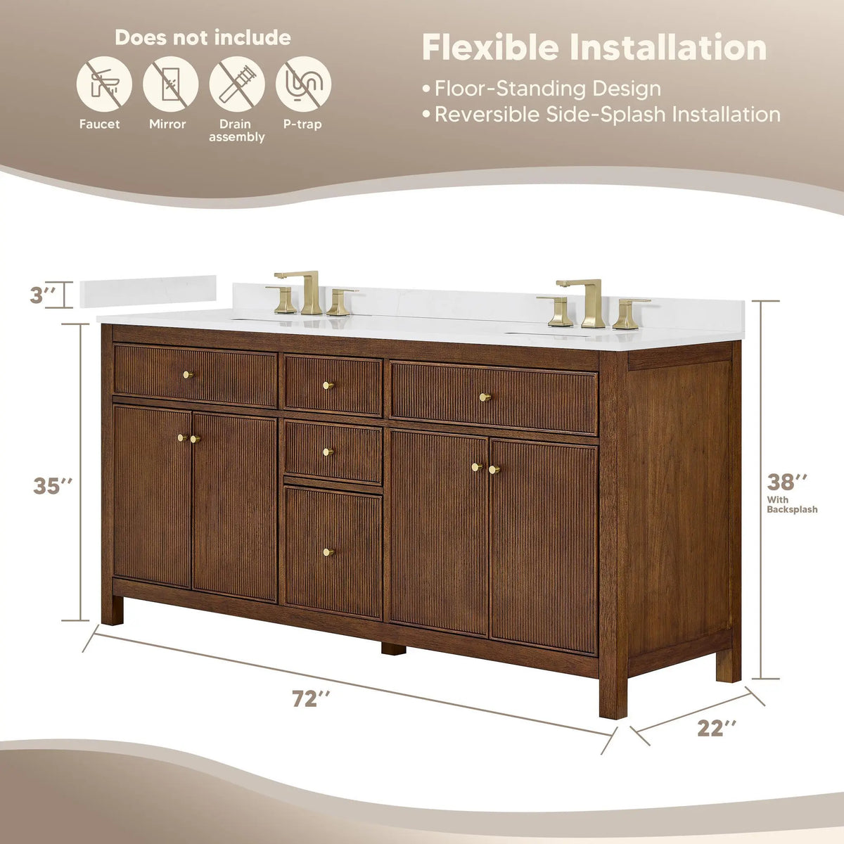 72" Pendry Double Bathroom Vanity Dark Walnut Brushed Gold Trim by wyndham View 34