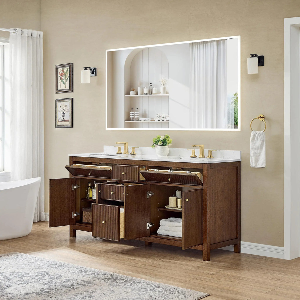 72" Pendry Double Bathroom Vanity Dark Walnut Brushed Gold Trim by wyndham View 28