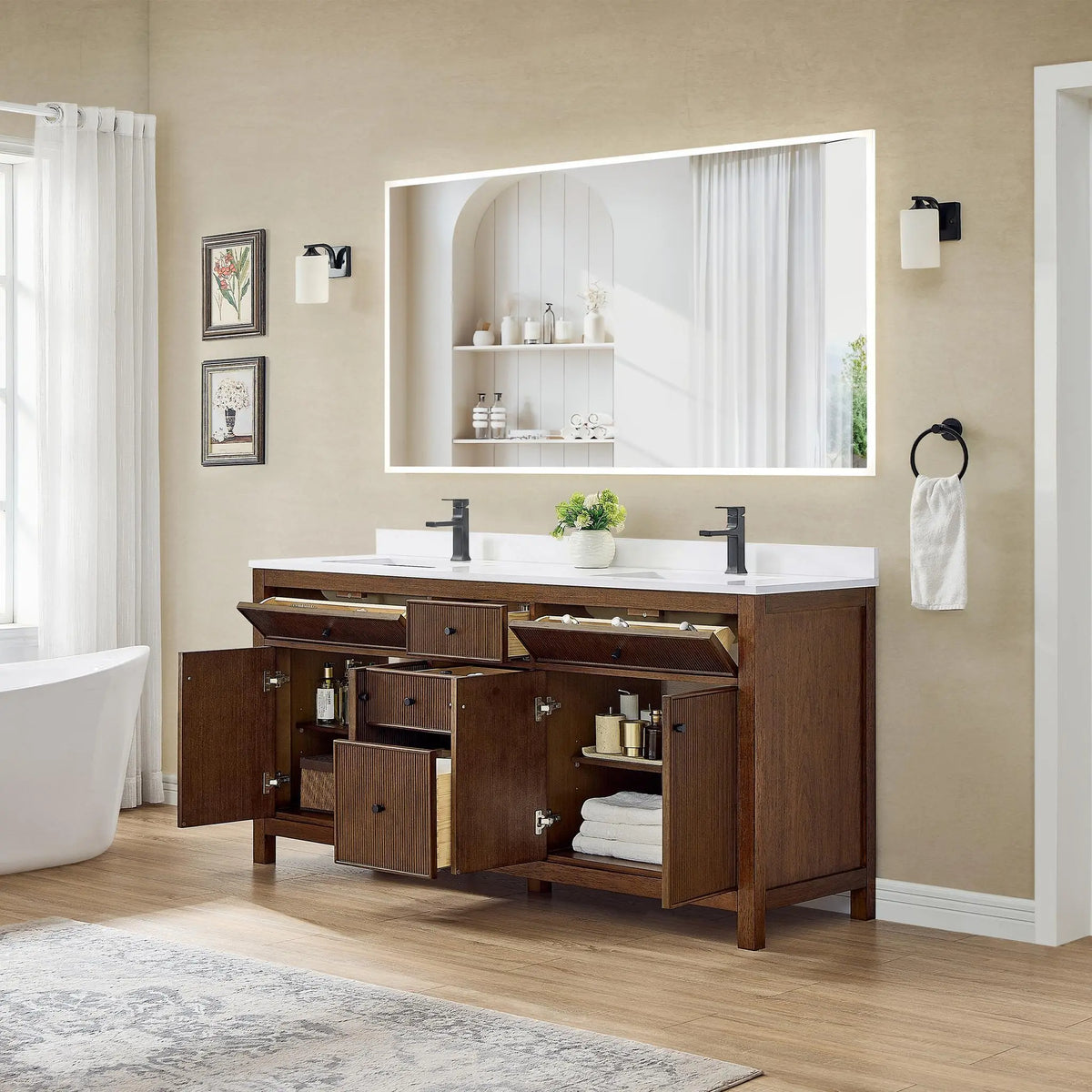 72" Pendry Double Bathroom Vanity Dark Walnut Matte Black Trim by wyndham View 8