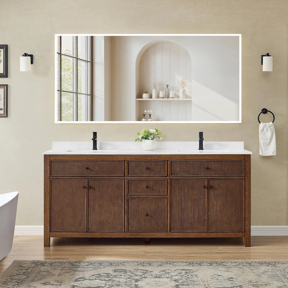 72" Pendry Double Bathroom Vanity Dark Walnut Matte Black Trim by wyndham View 10