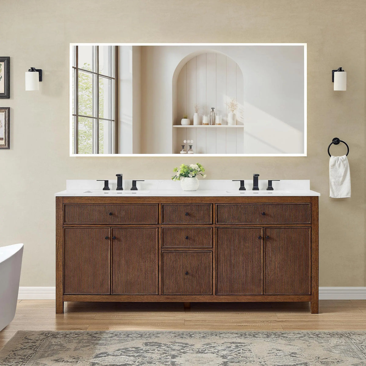 72" Pendry Double Bathroom Vanity Dark Walnut Matte Black Trim by wyndham View 18