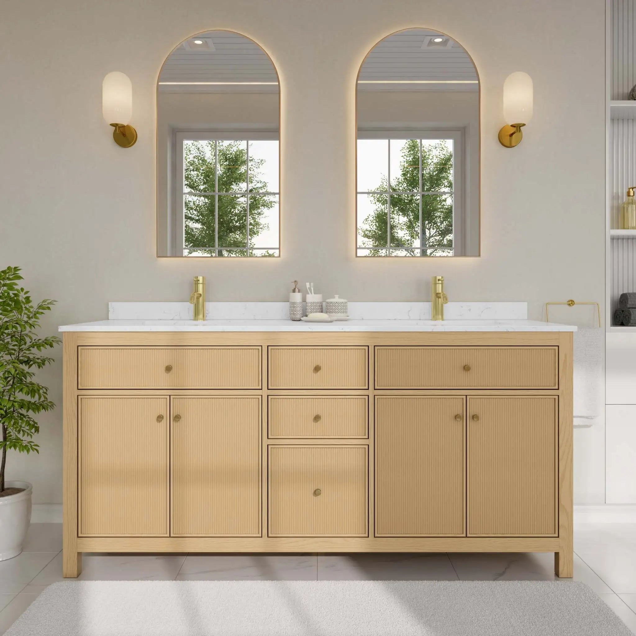 72" Pendry Double Bathroom Vanity in Tanned Oak with Brushed Gold Trim by Wyndham