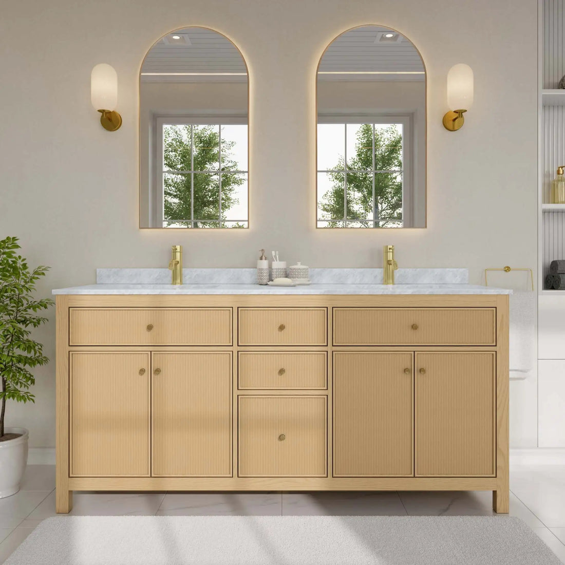 72" Pendry Double Bathroom Vanity in Tanned Oak with Brushed Gold Trim by Wyndham