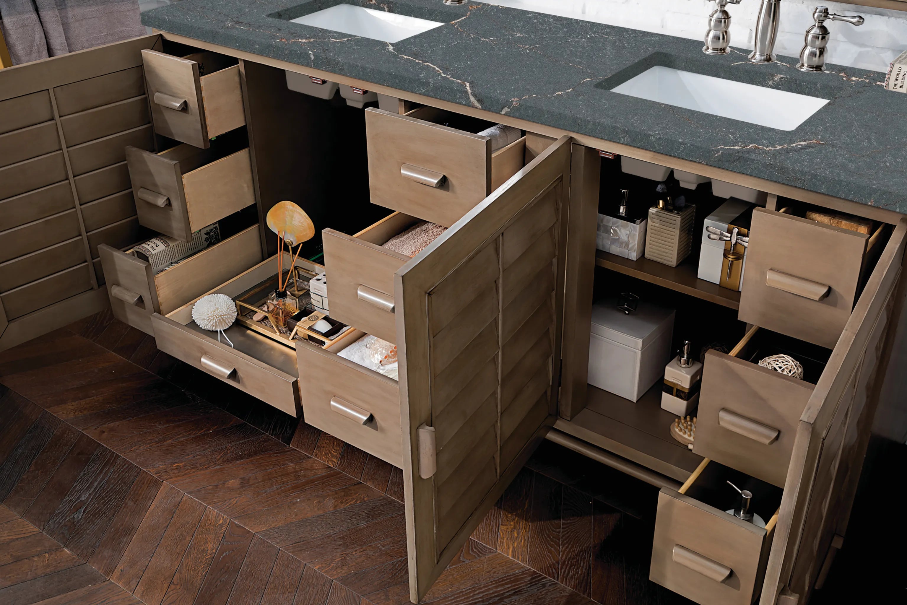 72" Portland Double Vanity in Whitewashed Walnut-Parisien Bleu Silestone-8" Widespread image 3