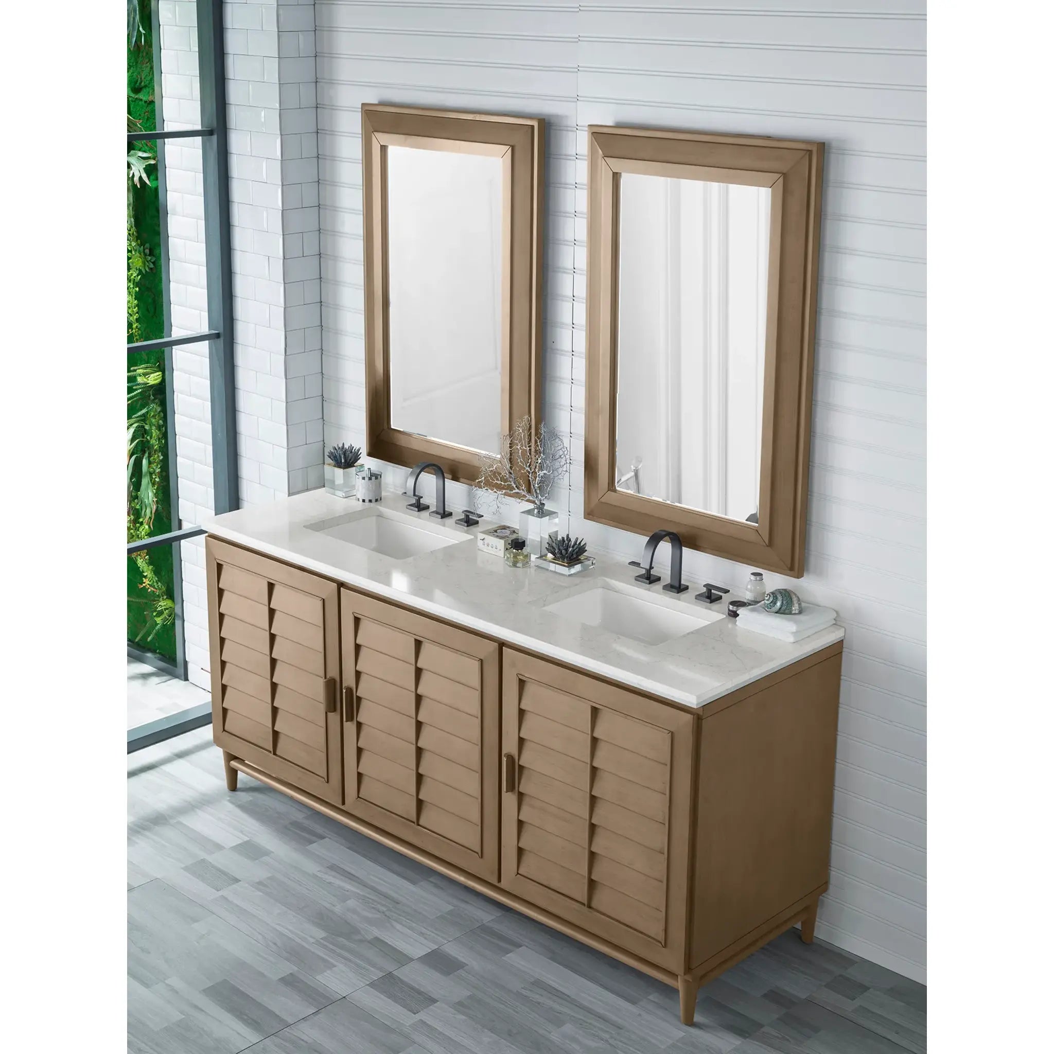 72" Portland Double Vanity in Whitewashed Walnut Wireless Charger-Eternal Jasmine Pearl Silestone-8" Widespread image 5