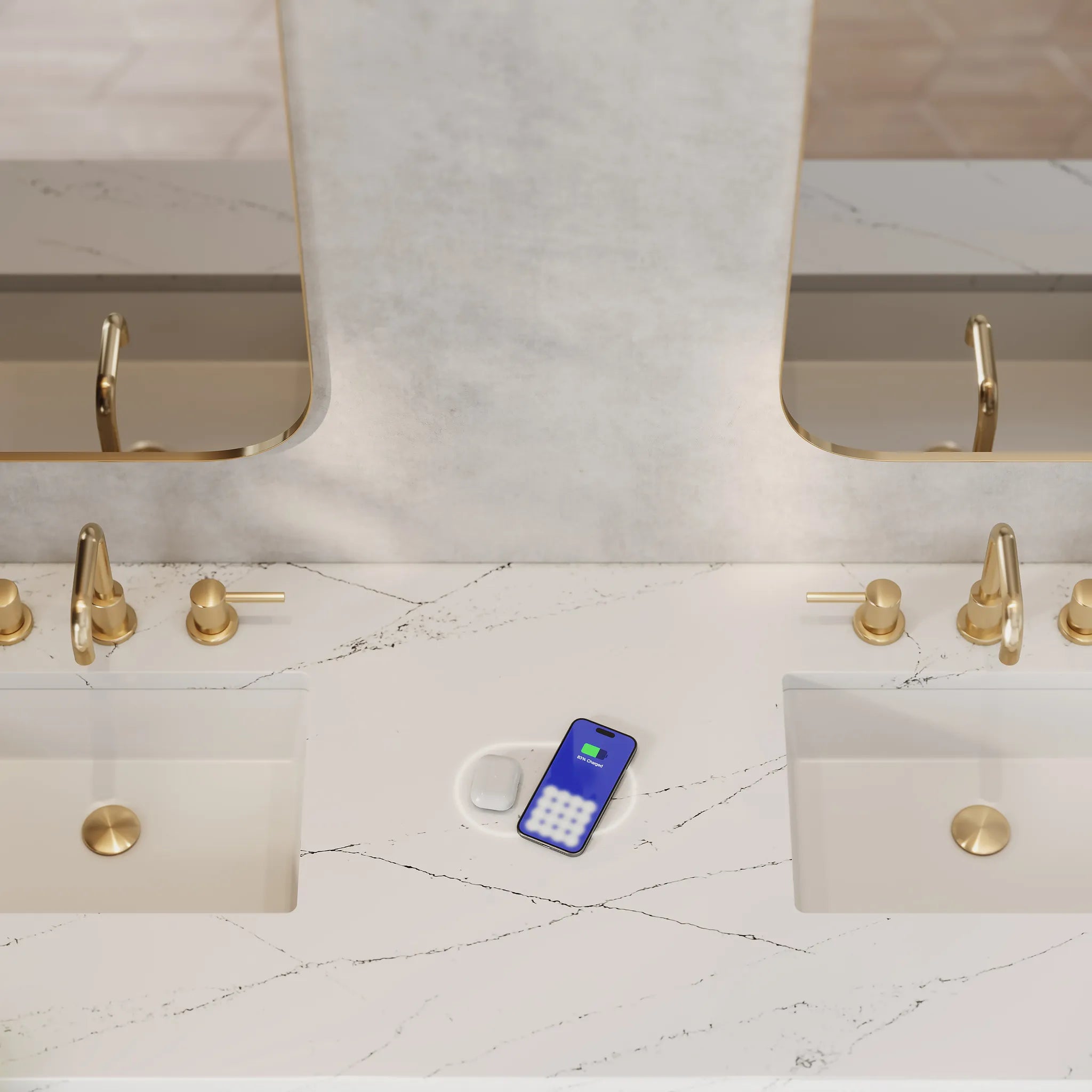 72" Portland Double Vanity in Whitewashed Walnut Wireless Charger-Ethereal Noctis Silestone-8" Widespread image 1