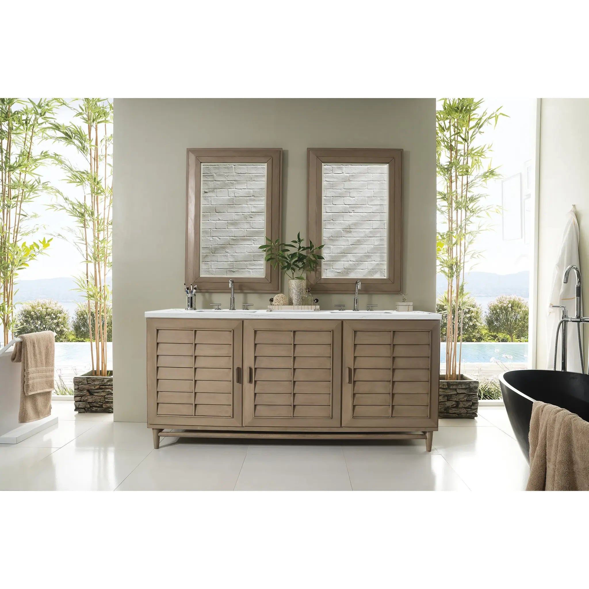 72" Portland Double Vanity in Whitewashed Walnut Wireless Charger-Ethereal Noctis Silestone-8" Widespread image 4