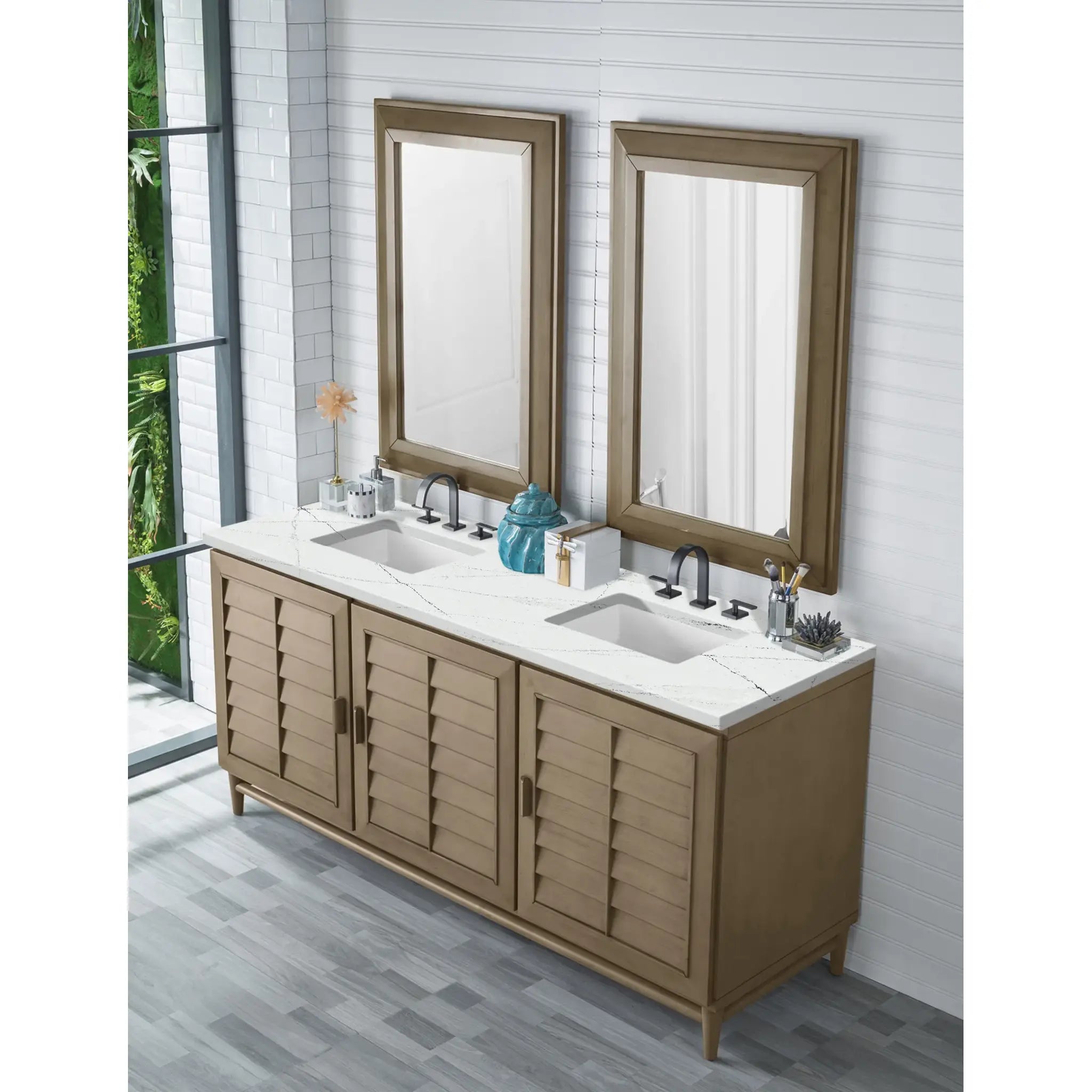 72" Portland Double Vanity in Whitewashed Walnut Wireless Charger-Ethereal Noctis Silestone-8" Widespread image 5