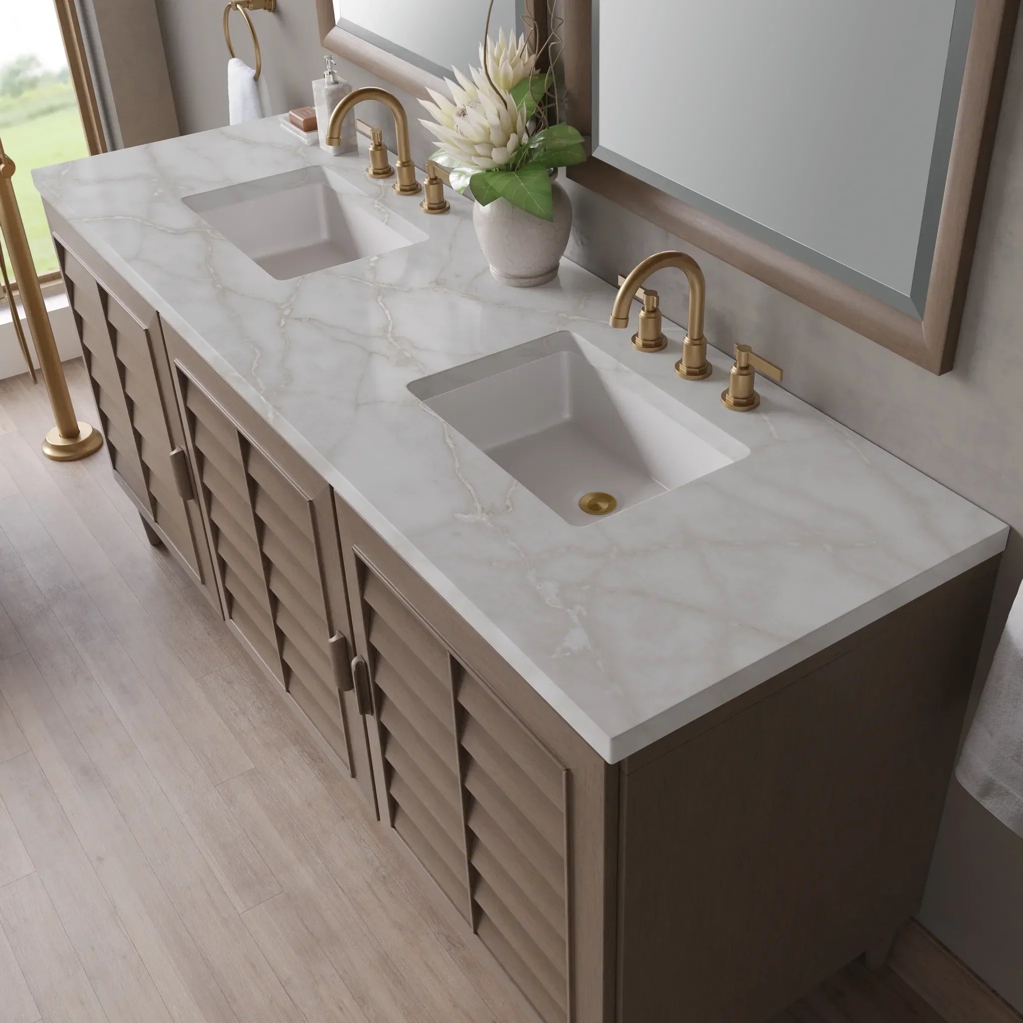 72" Portland Double Vanity in Whitewashed Walnut Wireless Charger-Victorian Silver Silestone-8" Widespread image 8
