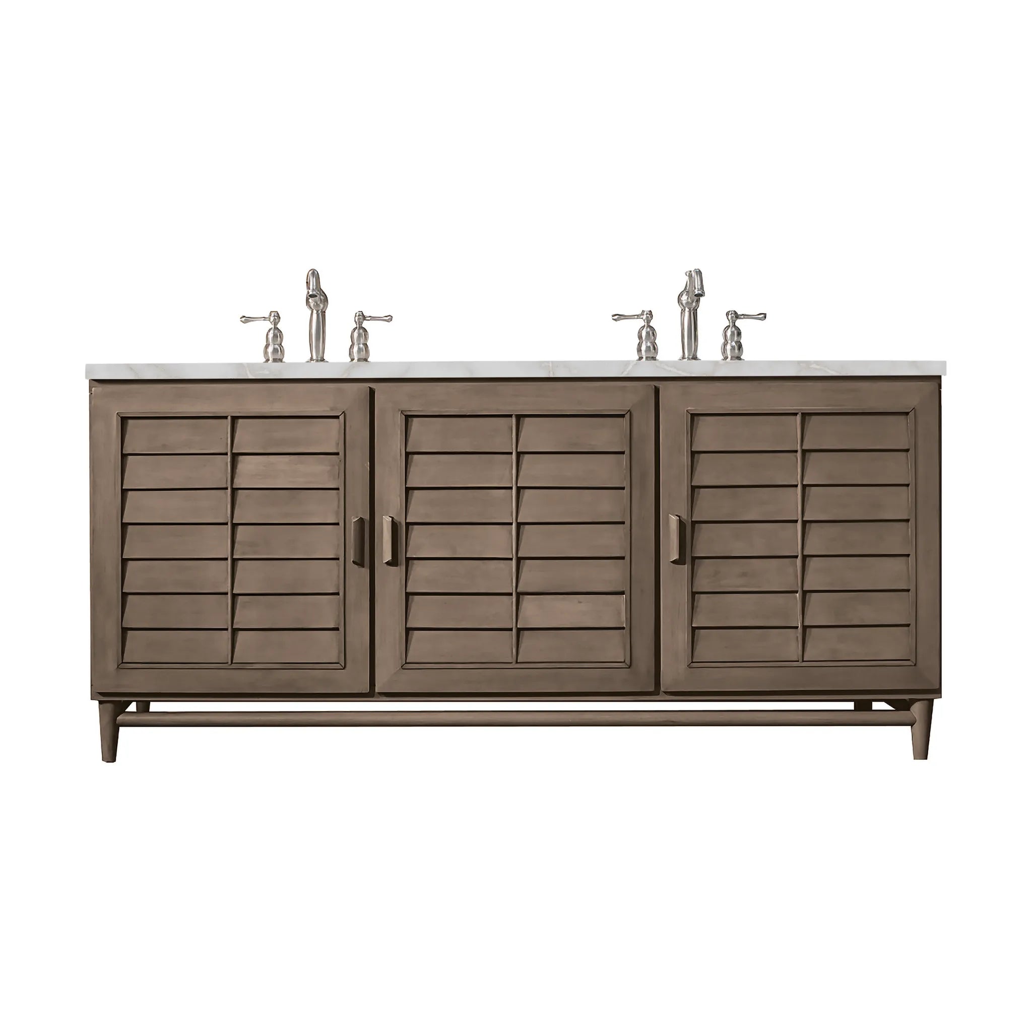 72" Portland Double Vanity in Whitewashed Walnut Wireless Charger-Victorian Silver Silestone-8" Widespread image