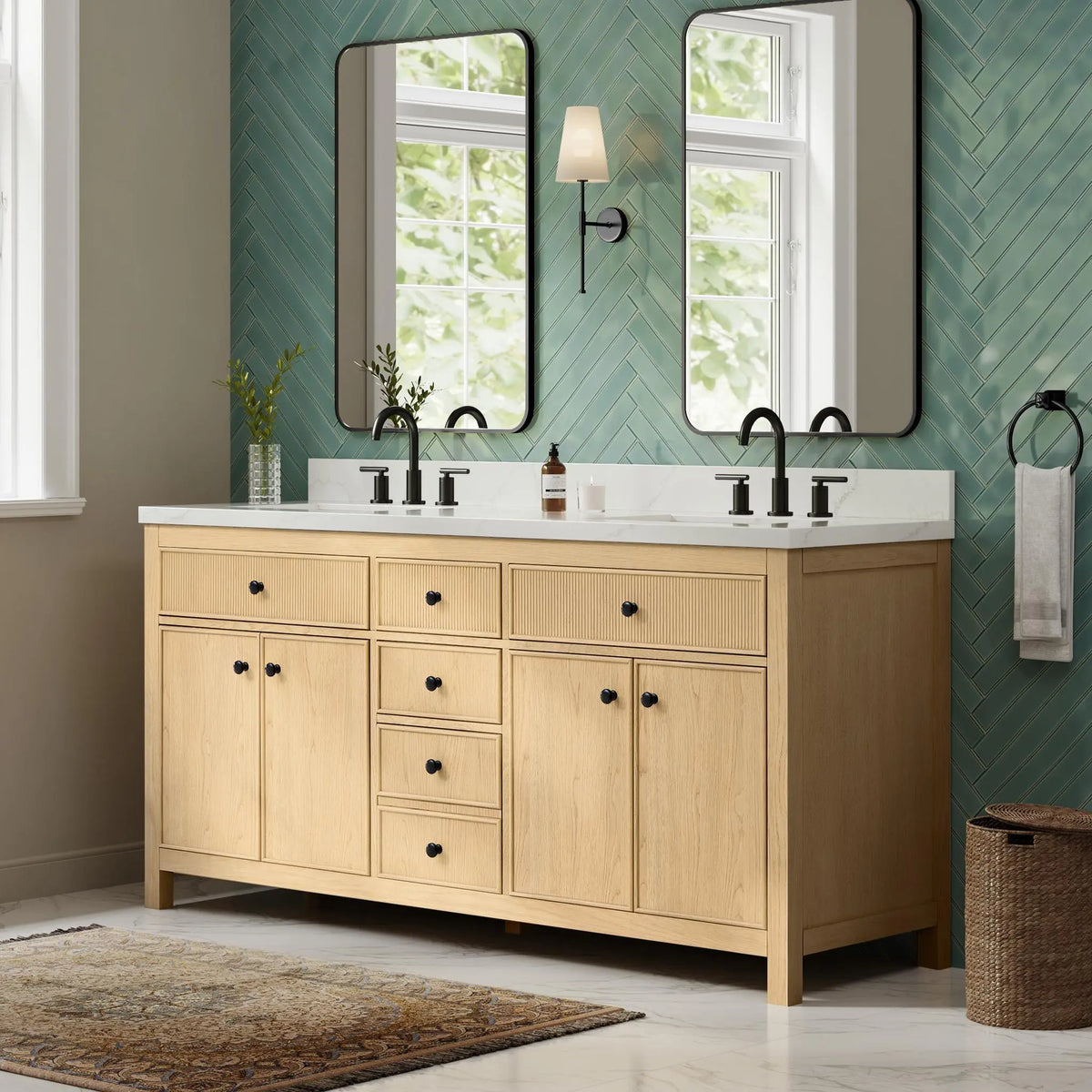 72" Rian Double Bathroom Vanity Scandinavian Oak Matte Black Trim by wyndham View 8