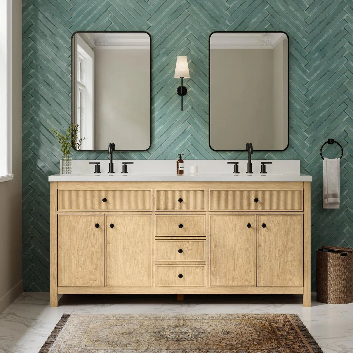 72" Rian Double Bathroom Vanity Scandinavian Oak Matte Black Trim by wyndham View 14