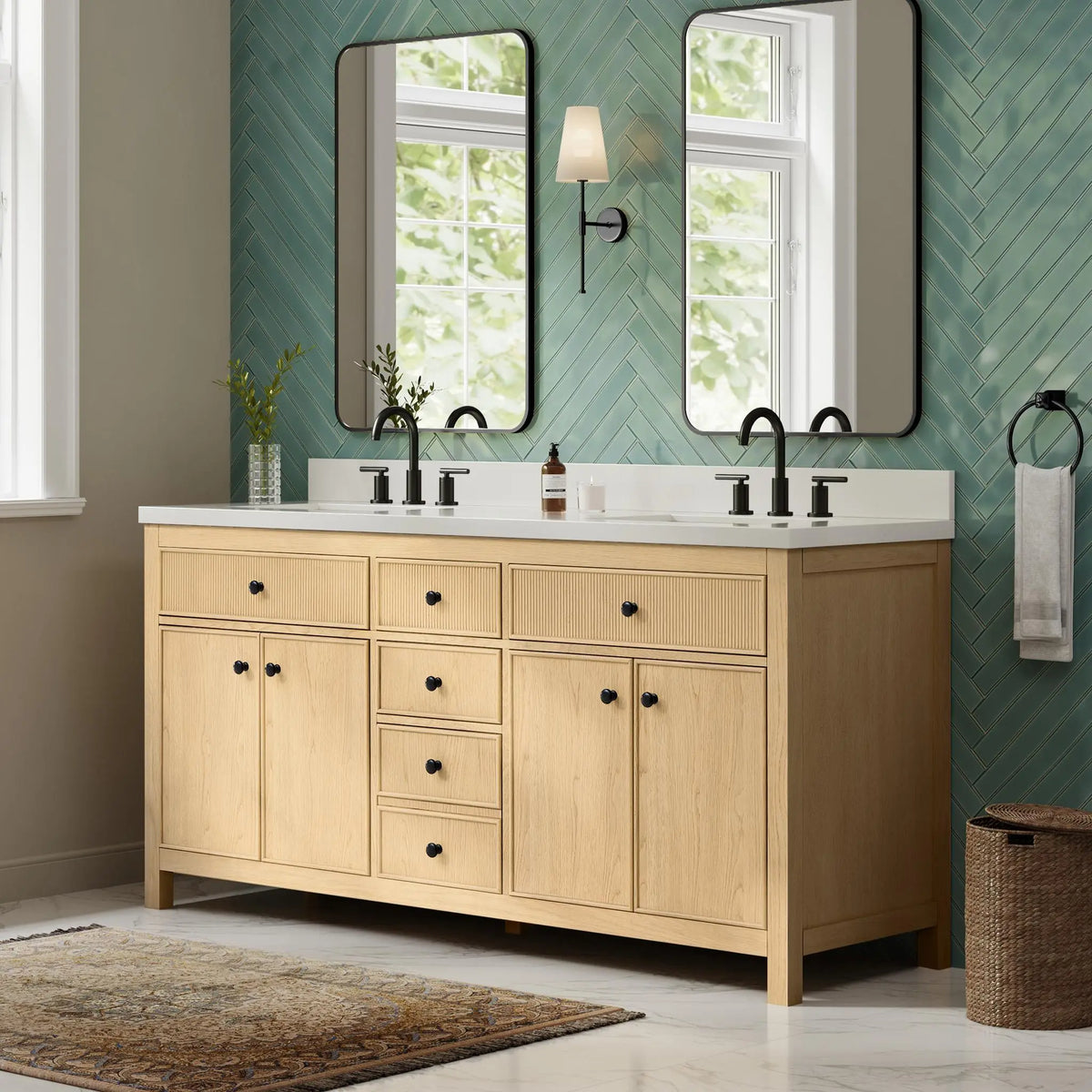 72" Rian Double Bathroom Vanity Scandinavian Oak Matte Black Trim by wyndham View 16