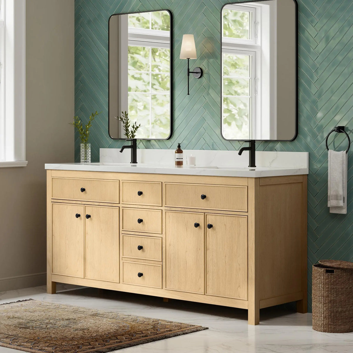 72" Rian Double Bathroom Vanity Scandinavian Oak Matte Black Trim by wyndham View 4