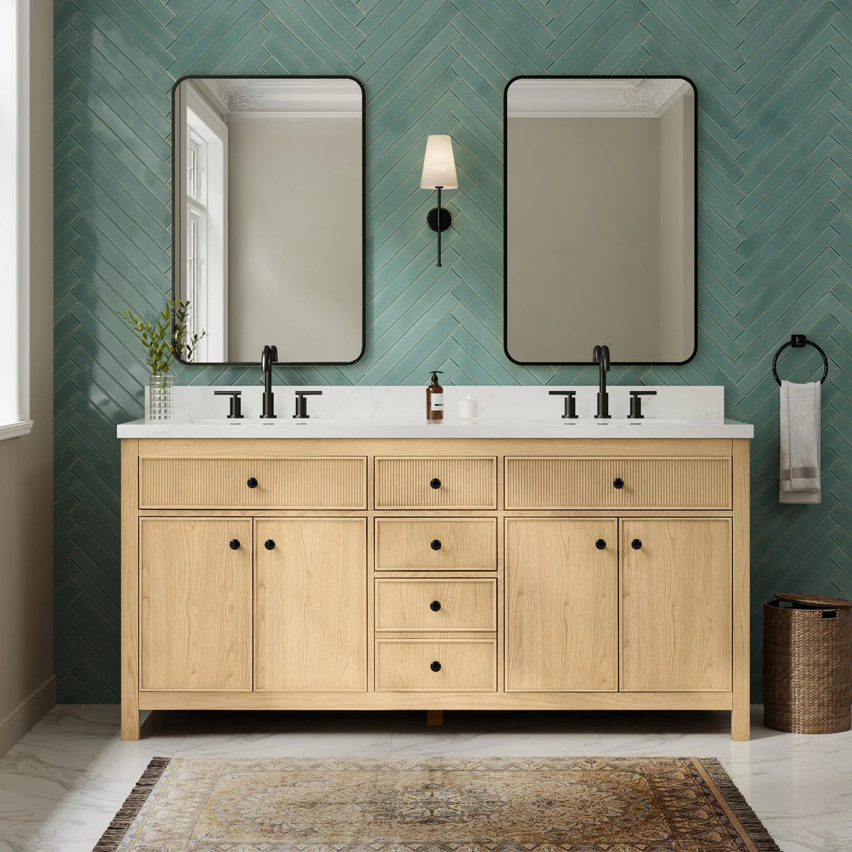 72" Rian Double Bathroom Vanity Scandinavian Oak Matte Black Trim by wyndham View 6
